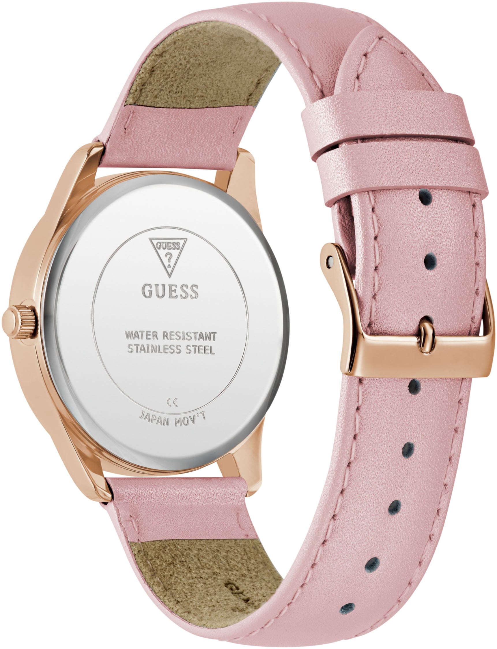 Guess Quarzuhr »LUSTER«, Armbanduhr, Damenuhr, Lederarmband, Mineralglas, analog