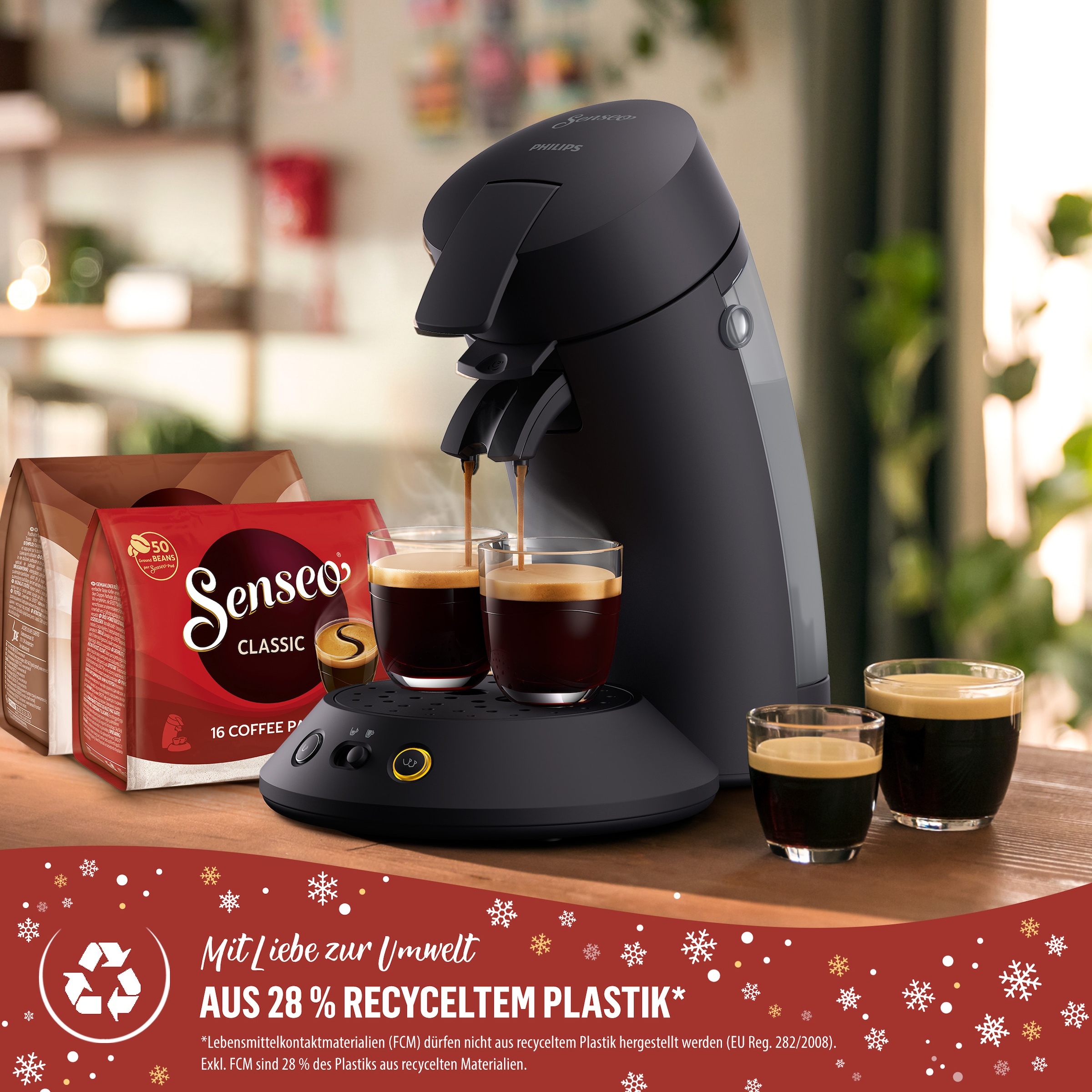 Philips Senseo Kaffeepadmaschine »Original Plus XMAS CSA210/69, mit zwei Kaffee-Einstellungen« aus 28% rec. Plastik, inkl. Gratis-Zugabe (Wert 5 € UVP)