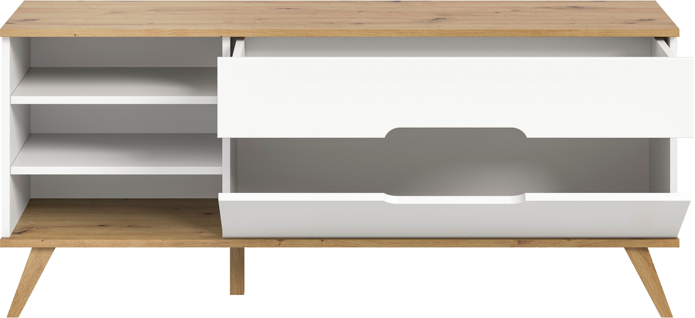 Home affaire Lowboard »Alesund, Breite 140 cm, 1 Klappe, 1 Schubkasten, konischer Fuß«, Scandi-Look, TV-Möbel, TV-Schrank, TV-Lowboard, Mediaboard, Wohnmöbel