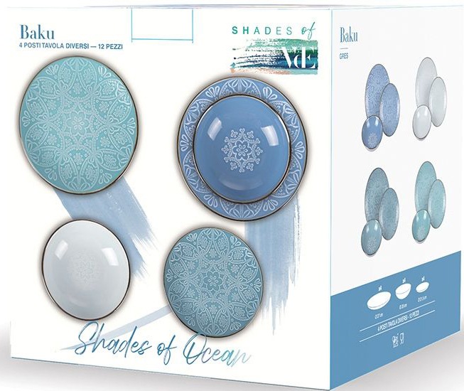Villa d'Este Tafelservice »Geschirr-Set, Service Shades of Ocean Baku«, (Set, 12 tlg.), Speiseteller, Suppenteller, Dessertteller, 12 Teile, für 4 Personen