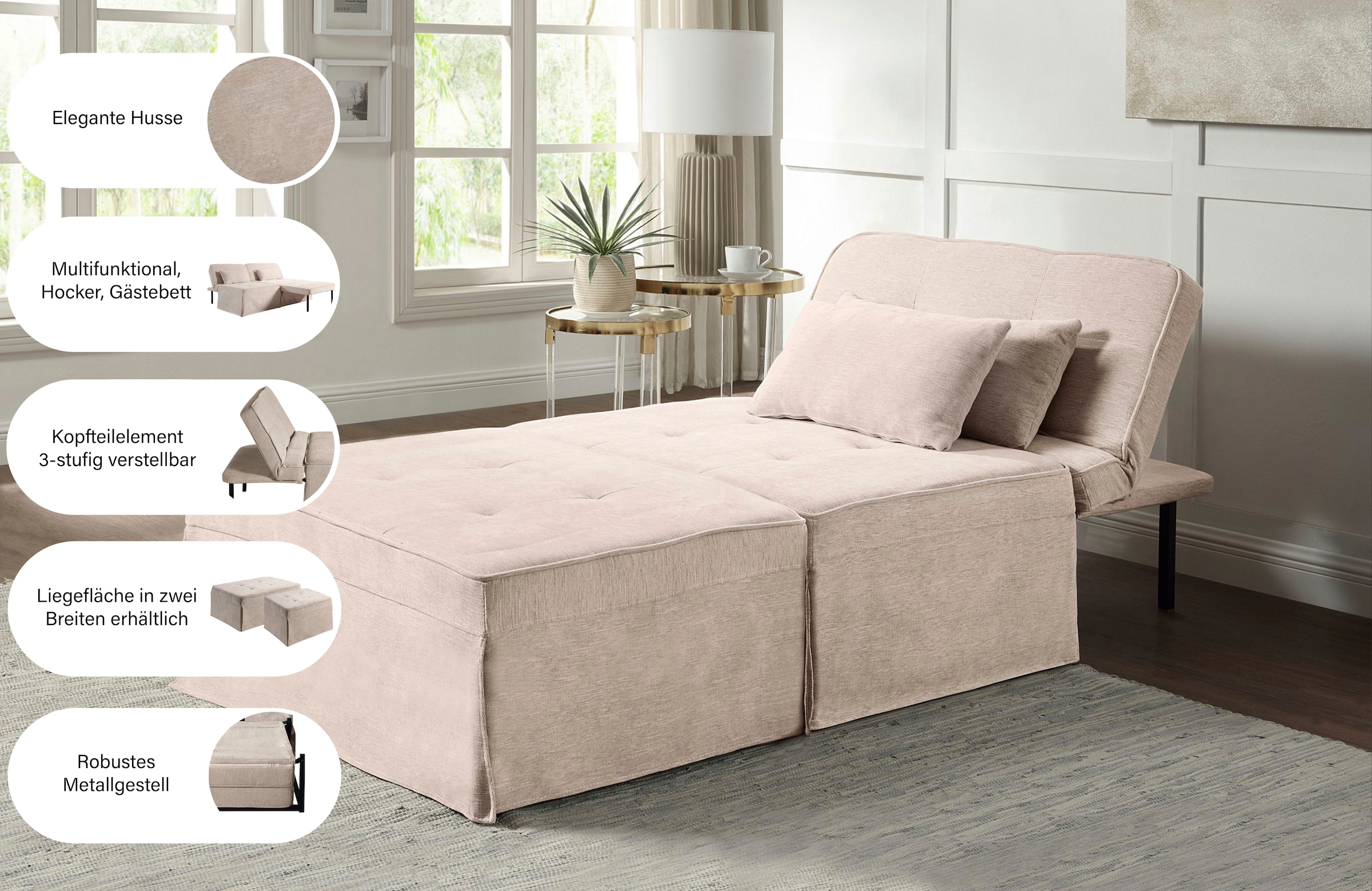 ATLANTIC home collection Schlafsofa »Finn« wandelbar zum Loungesessel, Relaxliege und Gästebett, inkl. Kissen