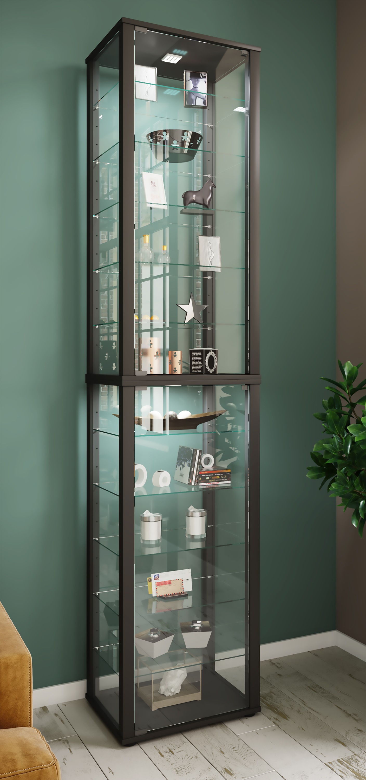 VCM Vitrine »VCM Glasvitrine stehend | Vitrine Glas mit ESG-Sicherheitsglas | Maße ca. H. 227 x B. 50 x T. 38 cm | Standvitrine Glas | Modern und platzsparend | Glas Vitrinenschrank ¿ Kavisa XXL«, (1 St.)