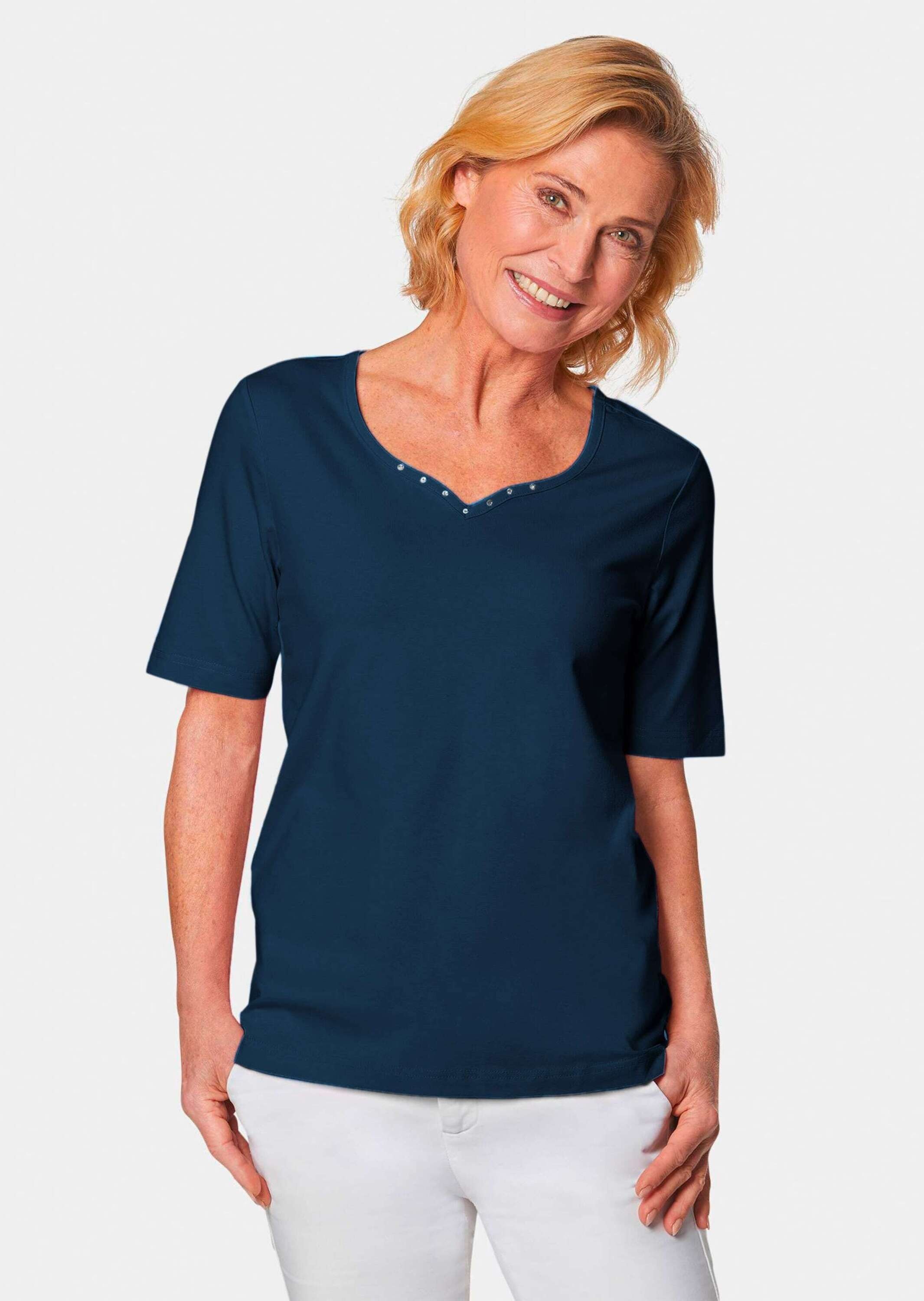 GOLDNER Langarm-Poloshirt »T-Shirt T-Shirt mit charmantem Ausschnitt und Schmucksteinchen«