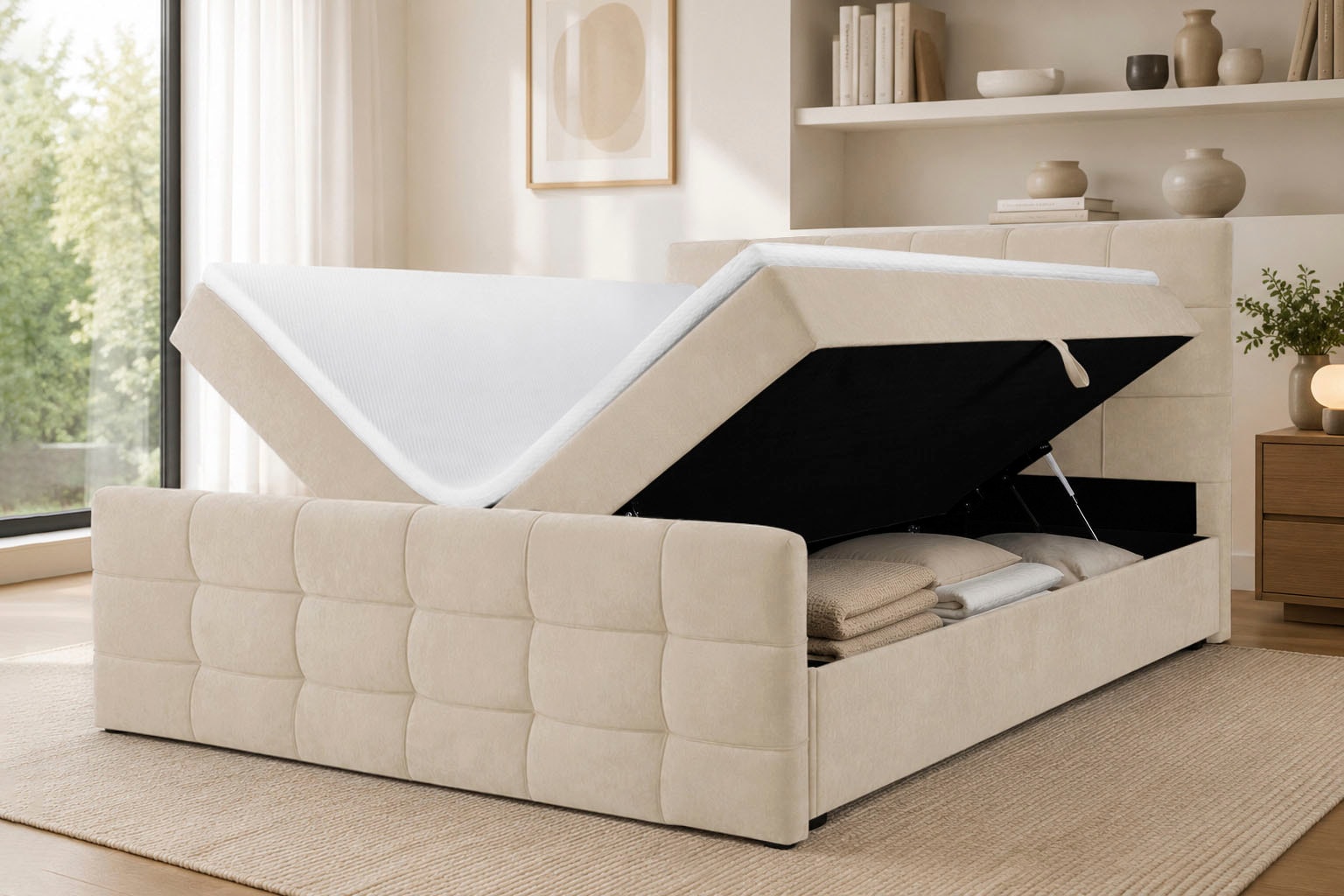 OTTO home Boxbett »LILIENNE, Polsterbett mit Bettkasten und Taschenfederkernmatratze H3« mit Kaltschaumtopper, Chenille-Bezug, 160x200 & 180x200 cm