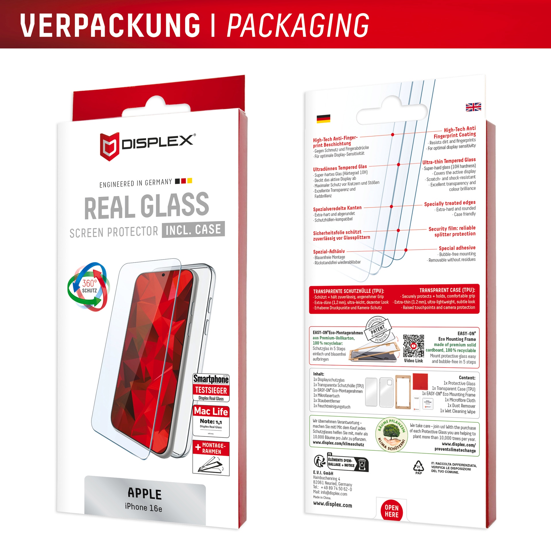 Displex Displayschutzglas »Real Glass Screen Protector inkl. Case«, für Apple iPhone 16e, Displayschutzfolie, Schutzfolie, Bildschirmschutz, kratz- & stoßfest