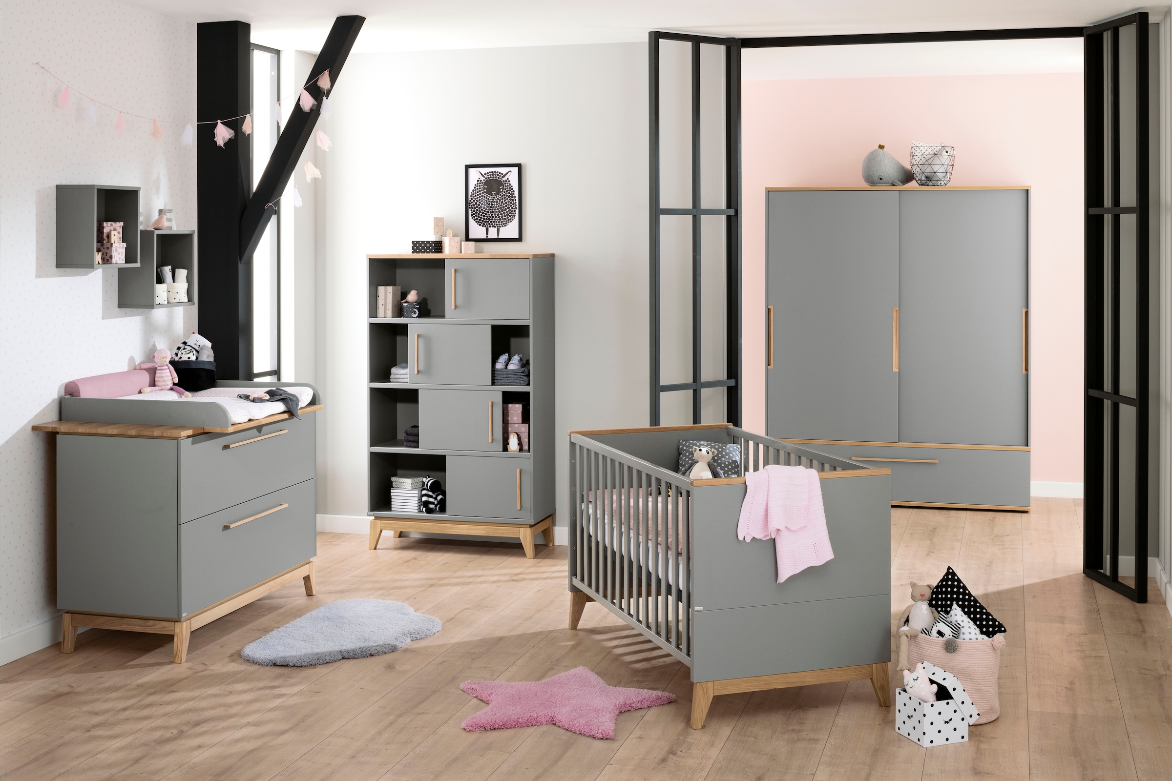 PAIDI Standregal »STIENE in Beige oder Grau, 8 Fächer, 4 Schiebetüren mit Soft-Close« B/H/T ca. 95/161/40cm,  modernes und langlebiges Regal mit Massivholz, Highboard