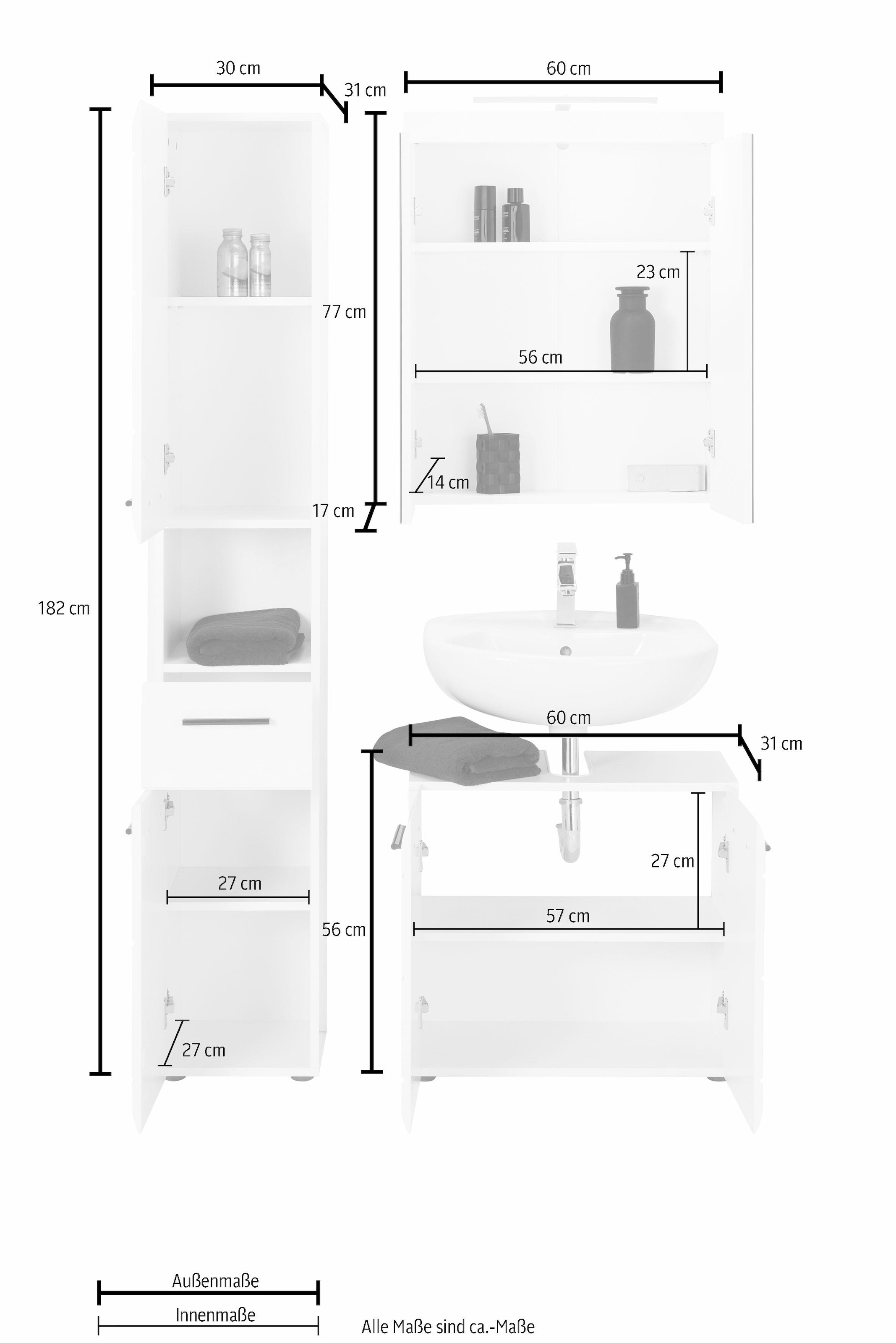 trendteam Badmöbel-Set »Skin«, (Set, 3 St.), Waschbeckenunterschrank, Garantie und mit mit LED-Beleuchtung, Hochglanzoptik XXL 3 Hochschrank mit in Spiegelschrank Jahren Fronten