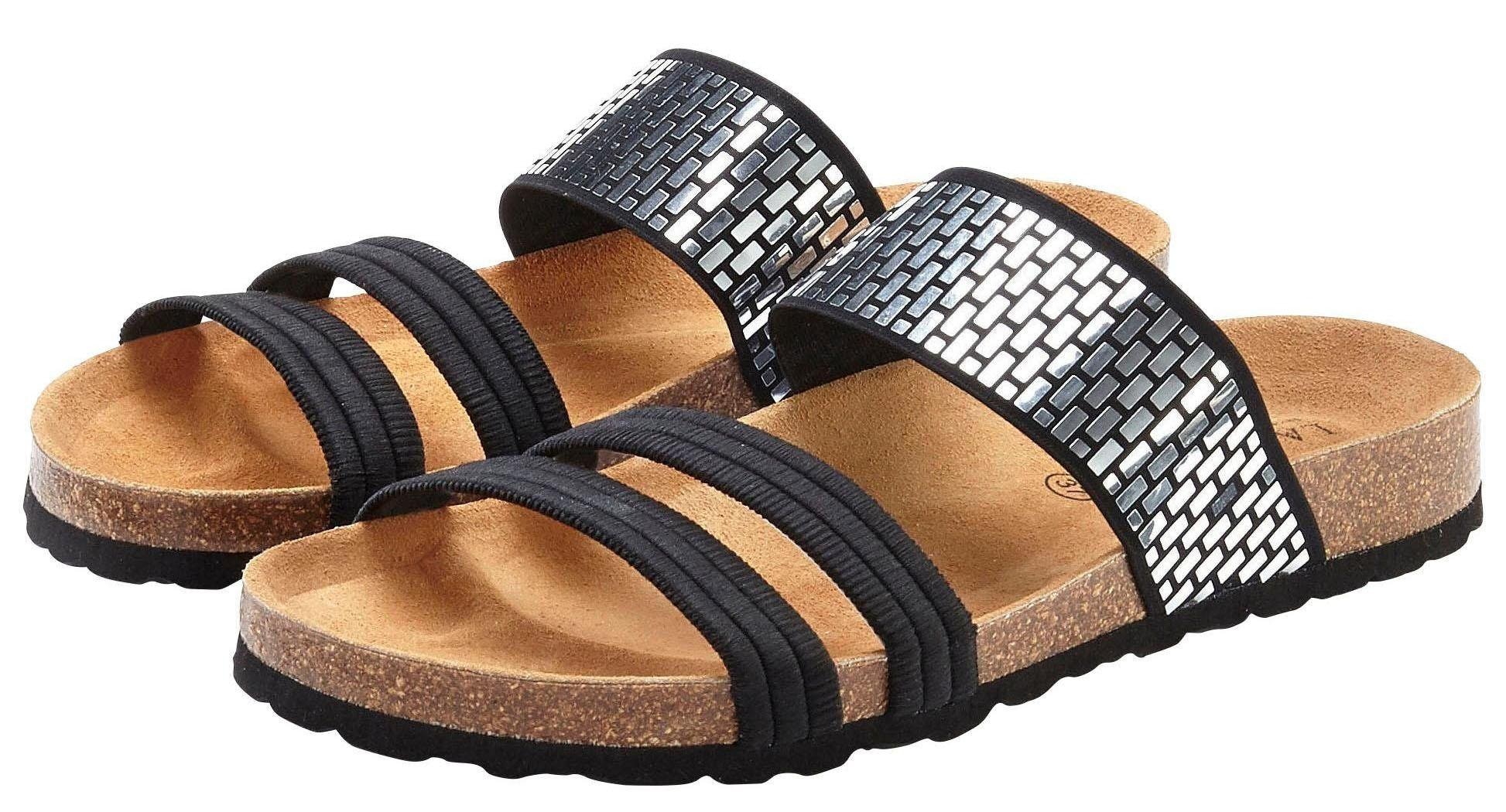 LASCANA Pantolette »Mule, Sandale, offener Schuh,«, mit Komfortkorkfußbett aus Leder und elastischen Riemchen