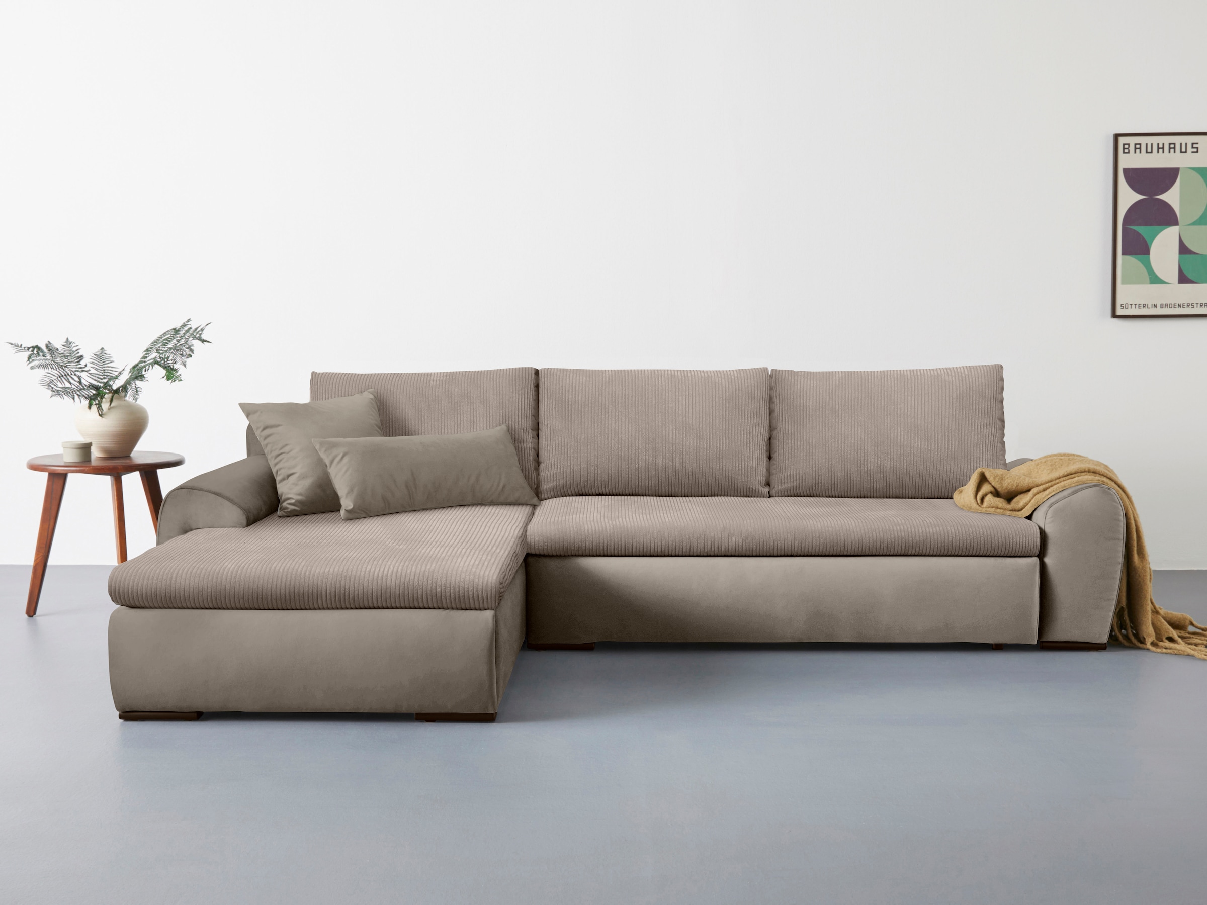 Home affaire Ecksofa »Win, L-Form, Breite 285cm«, optional mit Schlaffunktion und Bettkasten, taupe, Cord
