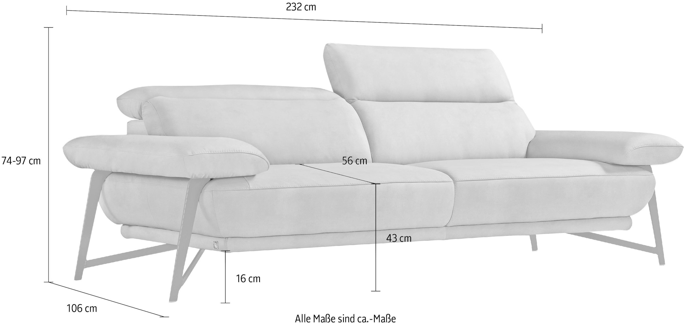 Egoitaliano 2,5-Sitzer »Anais, Designsofa mit erstklassigem Sitzkomfort, Fußfarbe chrom« Kopfteil verstellbar, 232 cm, Luxus-Microfaser Lederoptik, hellblau