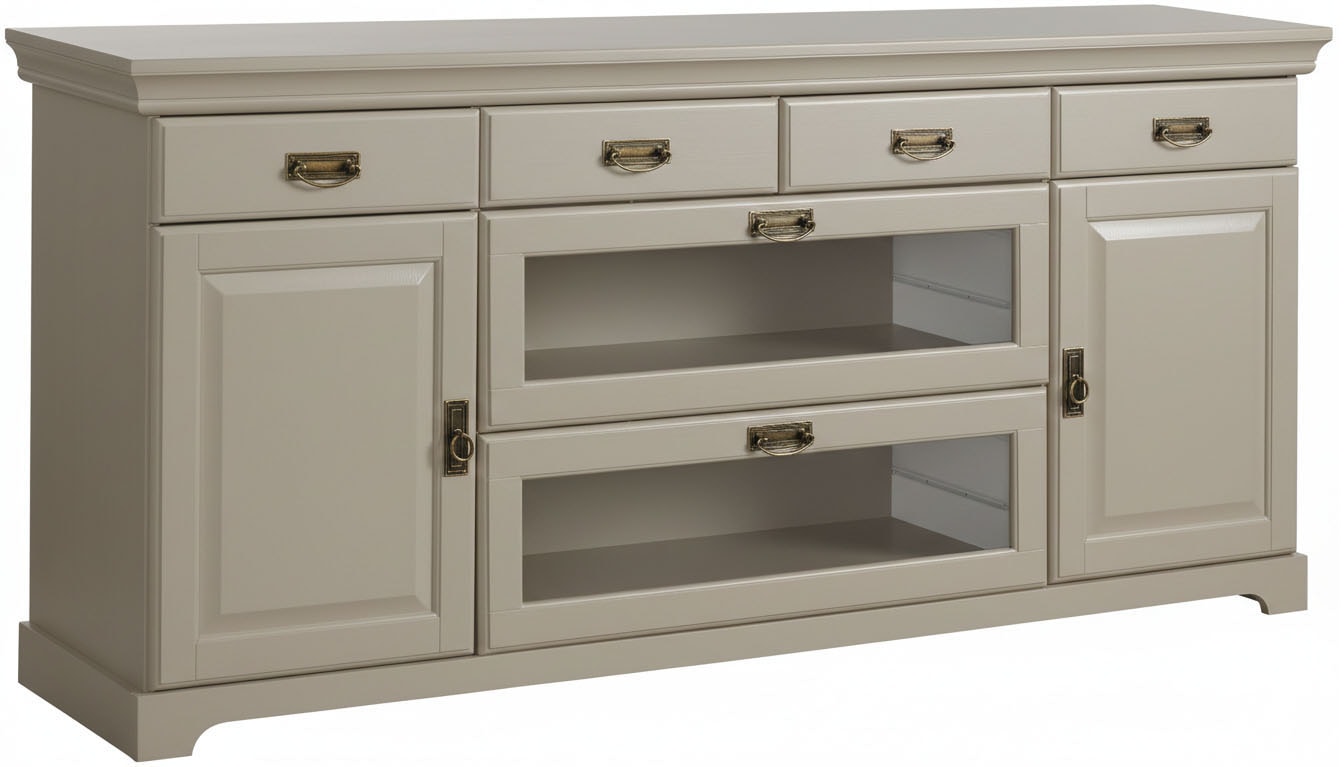 OTTO home Sideboard »Rügen Kommode mit 2 Türen, 6 Schubläden mit Metallringgriffe« aus massiver Kiefer, Schubladen mit Glaseinsatz, natürliche Maserung