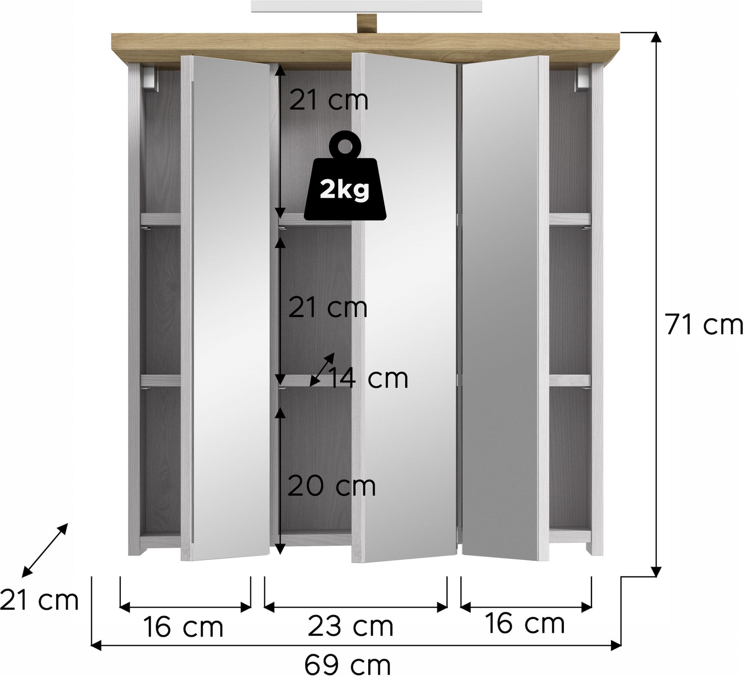 welltime Spiegelschrank »COSENZA, inkl. Beleuchtung, Breite 69cm, 3 Spiegeltüren, 9 Fächer« in Landhausoptik, mit weiteren Artikel der Serie kombinierbar, 2 Stk. tlg. Spiegelschrank, Spiegel, Bad, Badezimmer