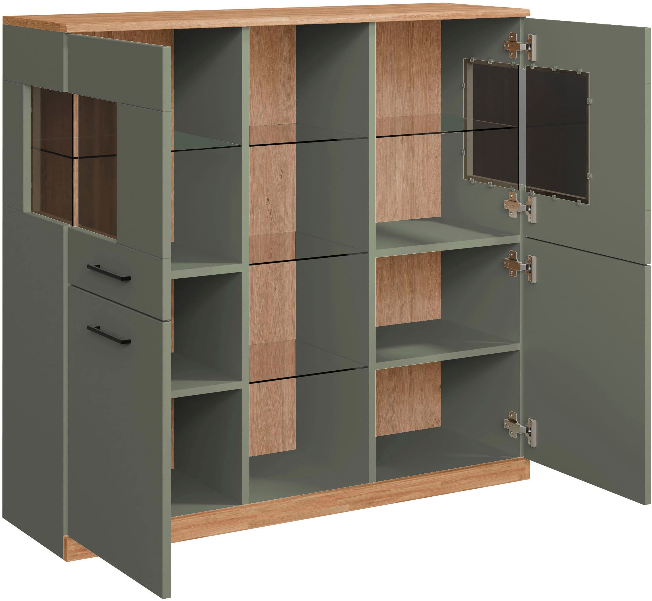 Home affaire Highboard »Ribe,120cm breit,112cm hoch,Oberplatte massiv,12 Fächer«, Eiche massiv,Melamin Salbeigrün,schwarze Metall Griffe,Türen mit Glass