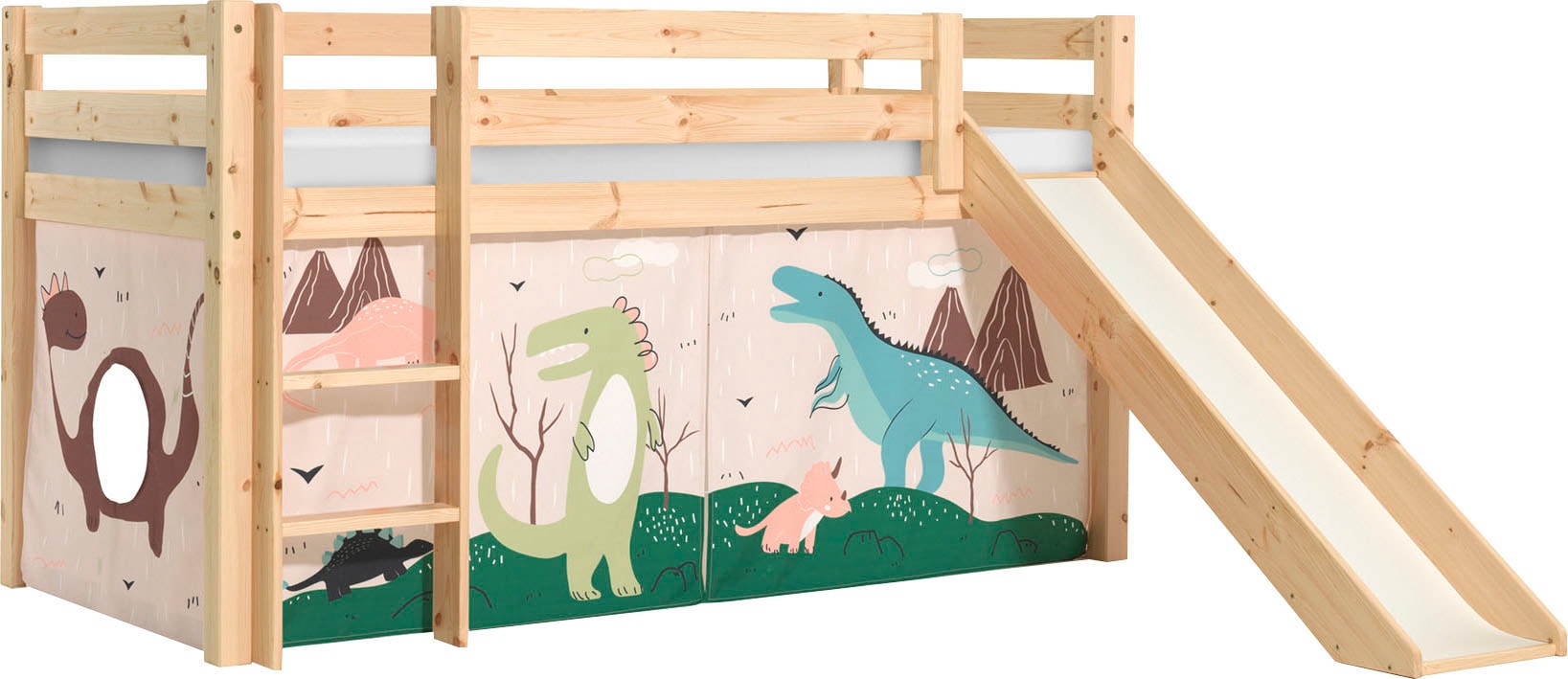 Vipack Spielbett »Pino, Kiefer massiv, mit Rolllattenrost u. Textil-Set, Made in Europe«, (B/H/T ca. 210x114x218cm, mit Absturzschutz, Leiter und Rutsche), verschiedene Textil-Designs und Holzfarben zur Wahl