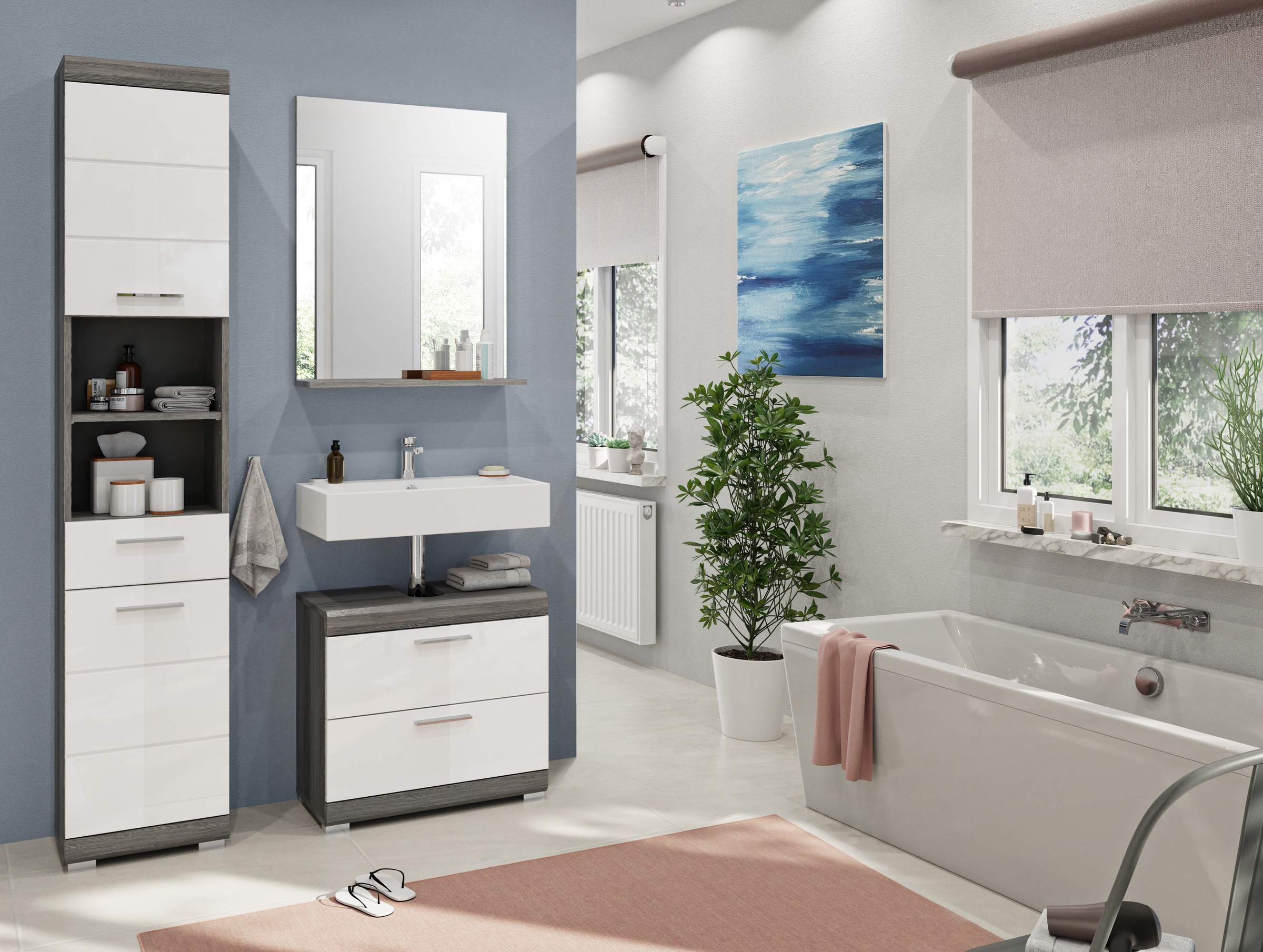 INOSIGN Badmöbel-Set »Siena, 3 teilig, bestehend aus:«, (Set, 3 St., TOPSELLER!), Hochschrank, Waschbeckenunterschrank, Spiegel