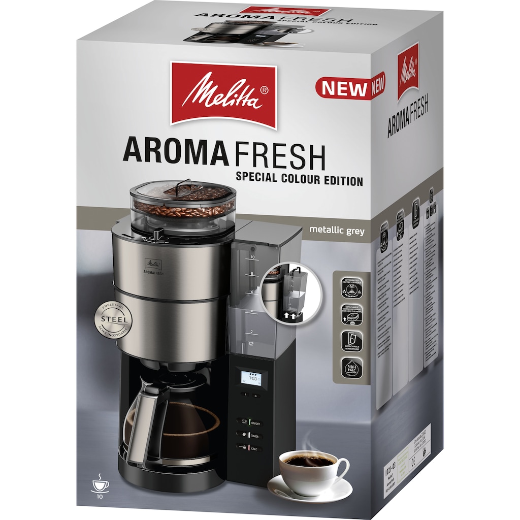 Melitta Kaffeemaschine mit Mahlwerk »AromaFresh«, 1,25 l Kaffeekanne, Papierfilter, 1x4, Glas 1021-03 anthrazit