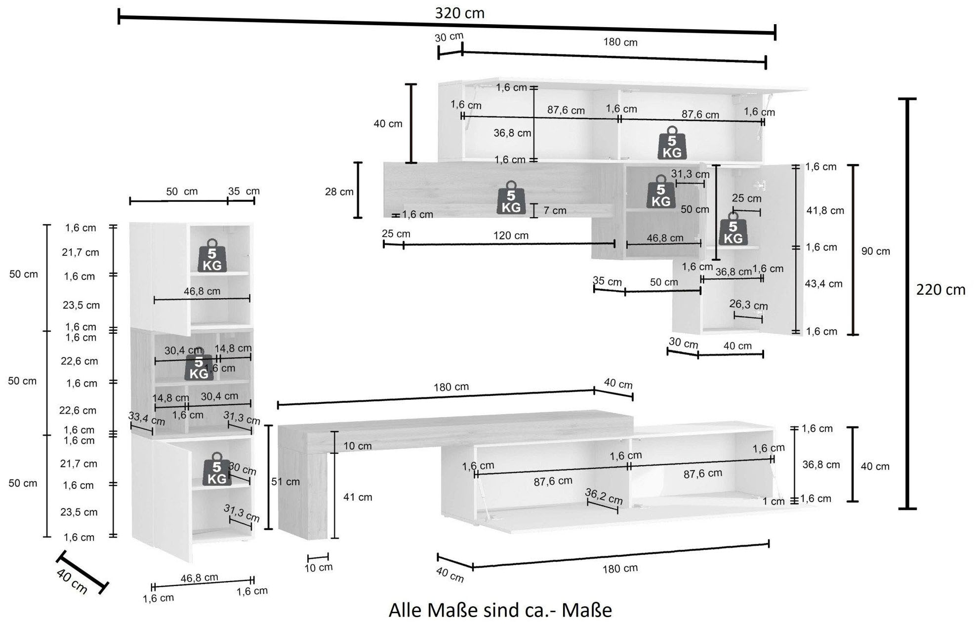 INOSIGN Wohnwand »Chronos Wohnwand, Medienwand, 8-er set«, (Set, 8 St.), ca. 320 cm mit Hängeschränke, Würfel, Regal, Lowboard, Made in Italy