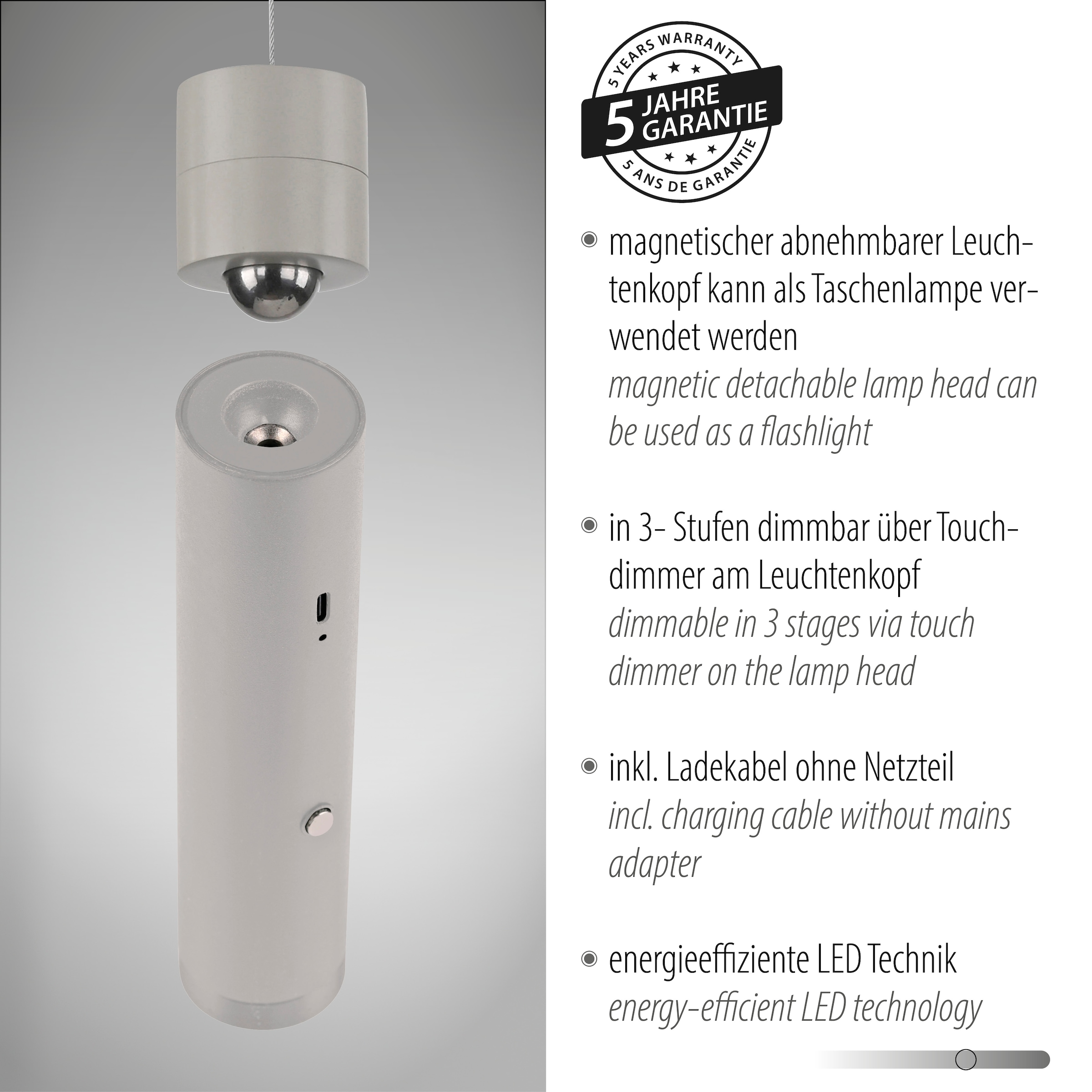JUST LIGHT Pendelleuchte »ATTACH« LED-Modul 1 Stk. Warmweiß Akkuleuchte, mobile Lichtlösung, Taschenlampe