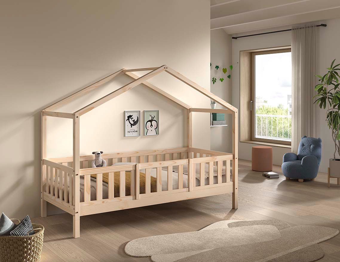 Vipack Hausbett »Dallas, Massivholzbett mit Dachaufbau umbaubar vom Boden- zum Daybett« inkl. Lattenrost, Rausfallschutz, Sprossen, 90 oder 140x200 cm breit,  stabil und standfest gebaut, wahlweise Kiefer massiv natur oder weiß
