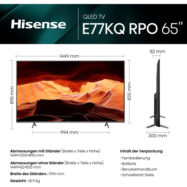 Hisense QLED-Fernseher »65E7KQ PRO«, 164 cm/65 Zoll, 4K Ultra HD, Smart-TV  ➥ 3 Jahre XXL Garantie | UNIVERSAL
