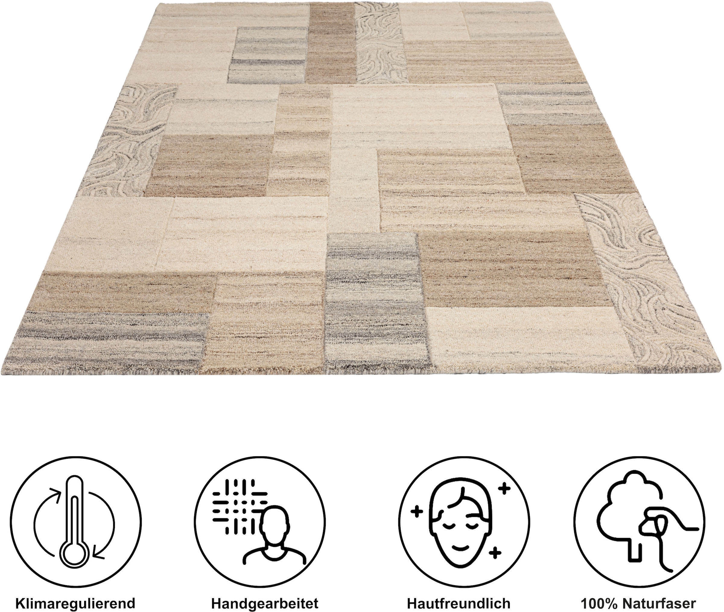 THEKO Wollteppich »Lola, Wolle, handgearbeitet, Patchwork Design, handgetuftet«, rechteckig, 12 mm Höhe, Wohnzimmer, Schlafzimmer, Esszimmer, auch als Läufer und rund