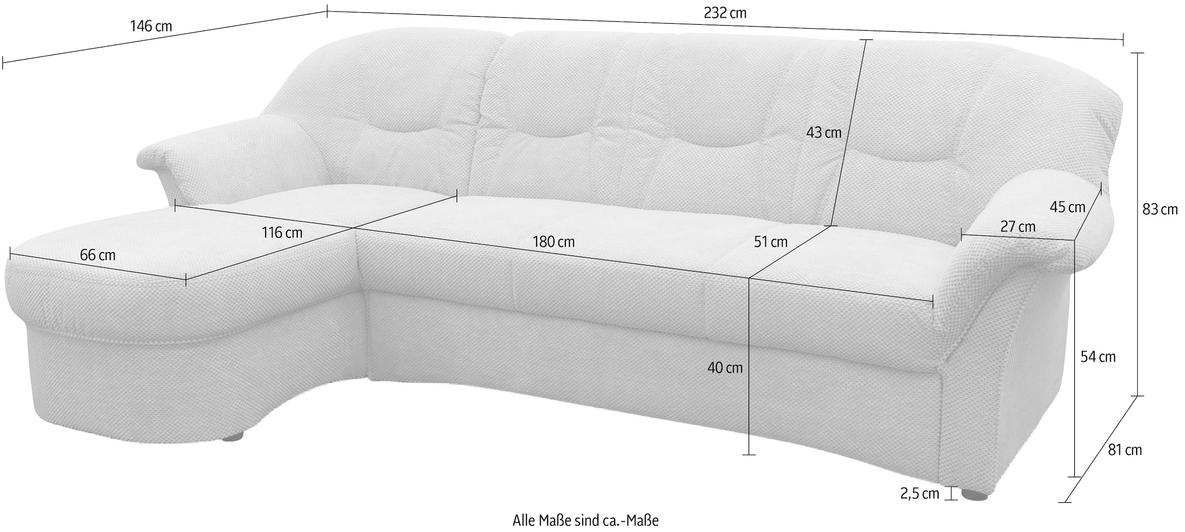 OTTO home Ecksofa »Langelland 232 x 146 cm, auch mit Schlaffunktion, mittelfester Sitz« L-Form, mit Federkern, pflegeleichter, weicher Luxus-Microfaser