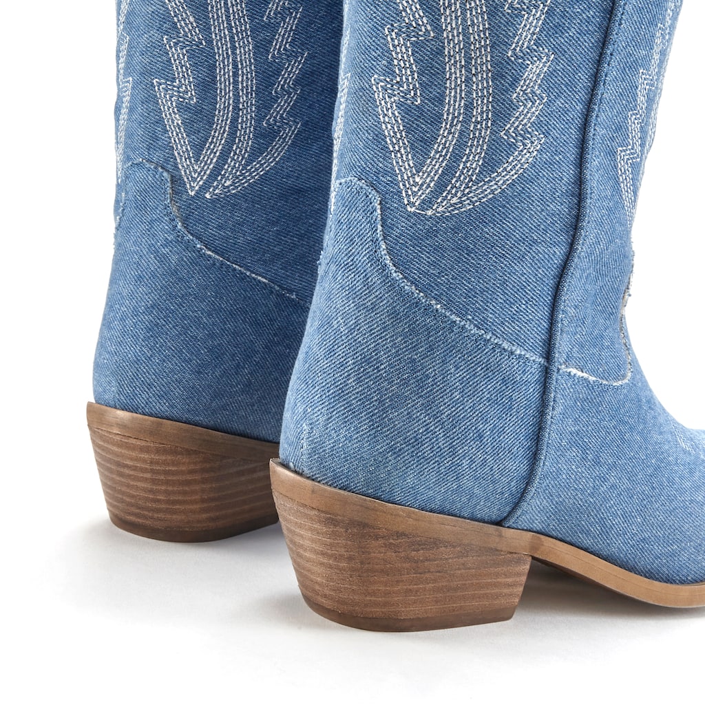 LASCANA Cowboy Boots, Cowboy Stiefelette, Western Stiefelette, Ankleboots im Denim-Look