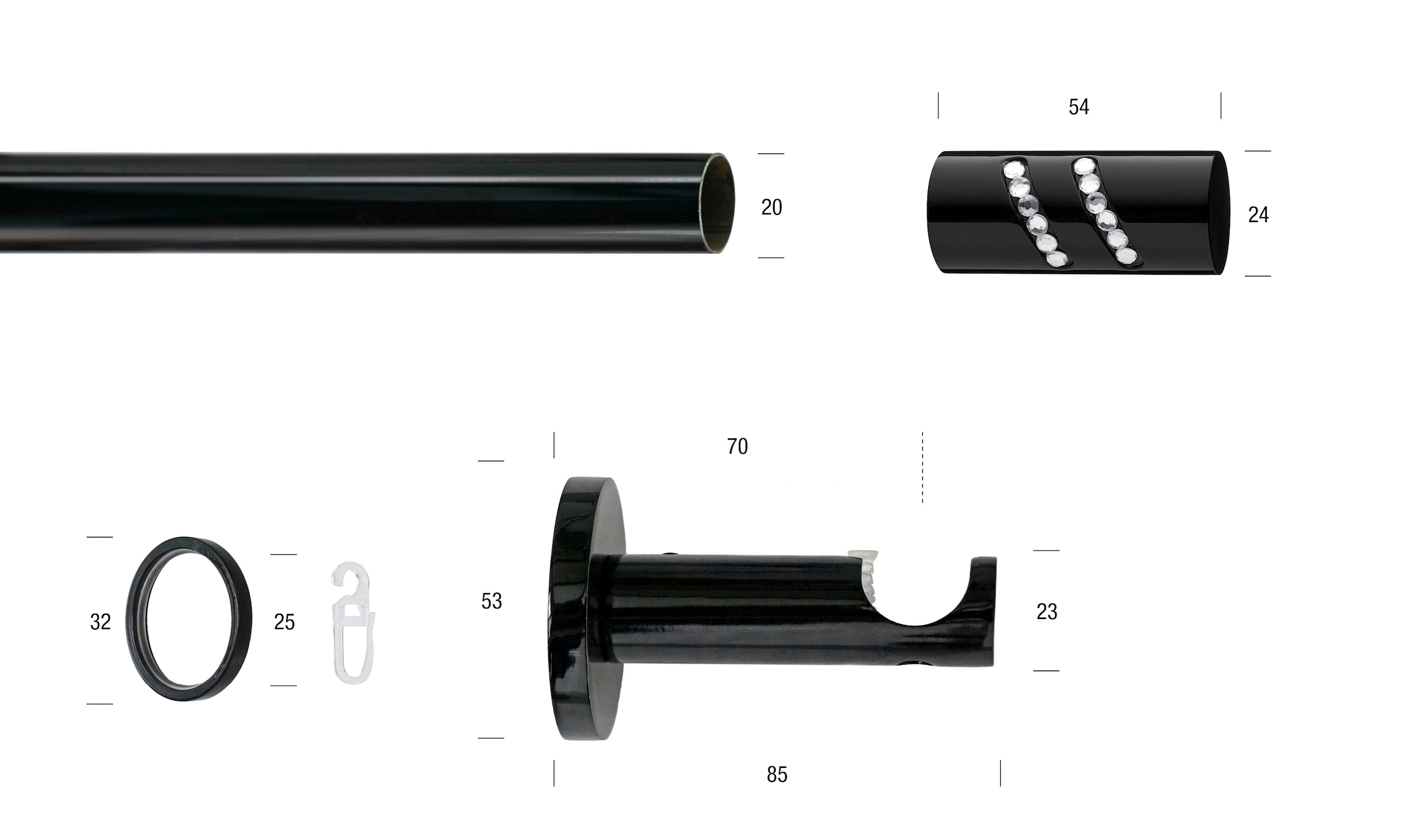 GARESA Gardinenstange "BLACK" Ø 20 mm 1 läufig-läufig Wunschmaßlänge Vorhanggarnitur, verlängerbar, Endknopf mit Glitzersteinen