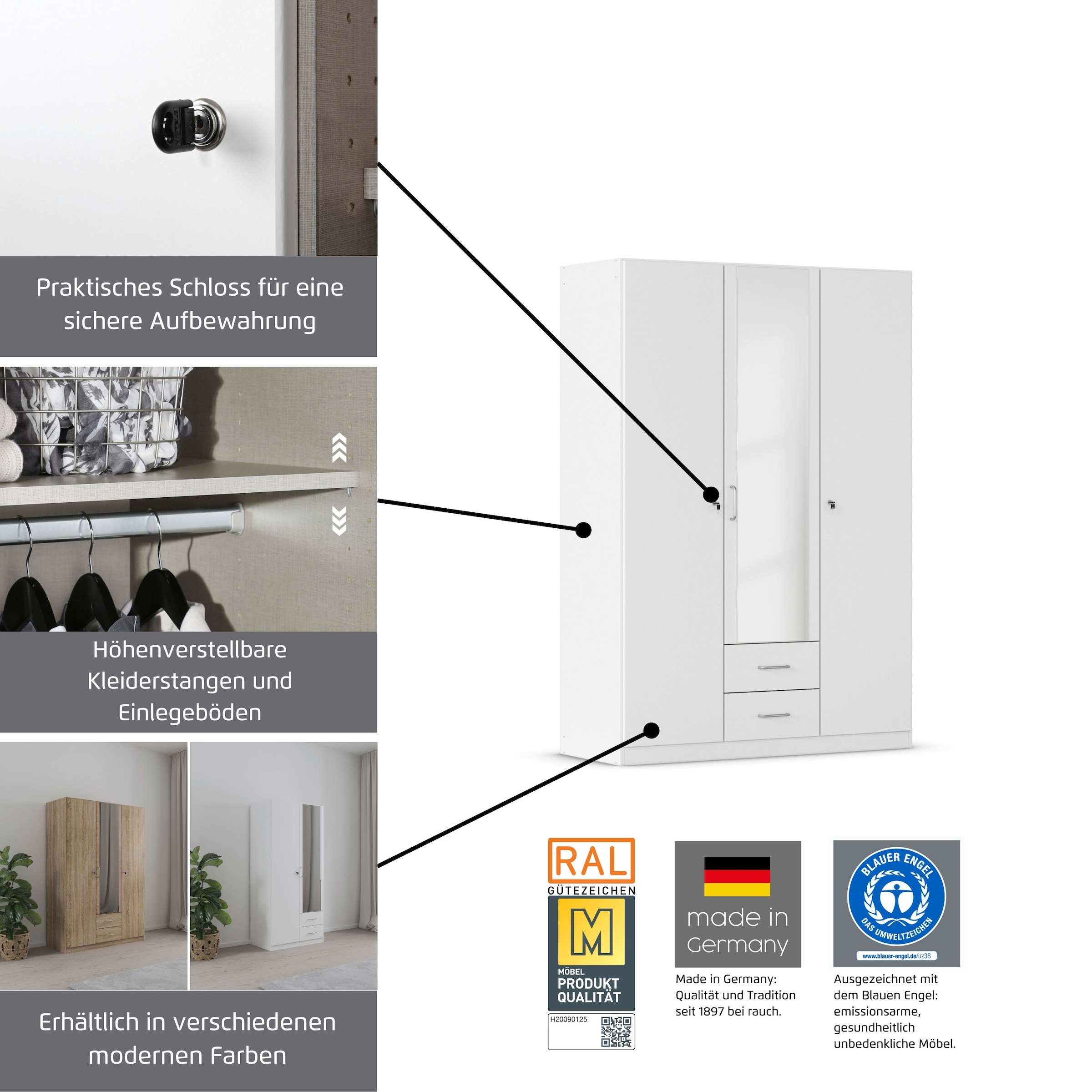 rauch Kleiderschrank »Schrank Garderobe Garderobenschrank Putzschrank Wäscheschrank BERGHEIM« Breiten 91/136/181 cm, Höhe 197 cm,  2 Außenschubladen, Tür/en abschließbar je 2 Schlüssel MADE IN GERMANY