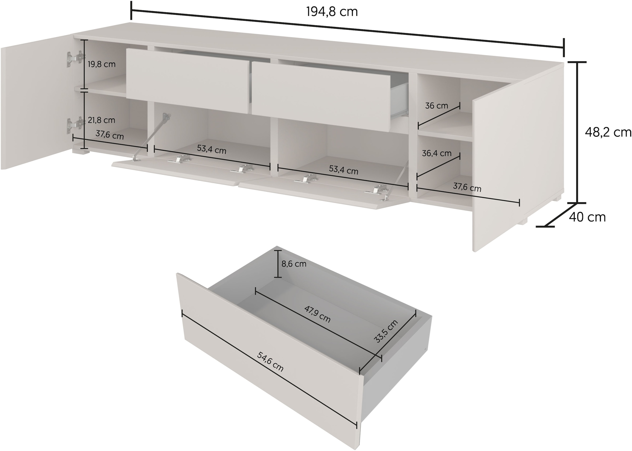 OTTO home Lowboard »Metric,Breite 195cm, grifflose Lowboard 2Klappen/2Schubkästen/2Tür« TV-Schrank mit viel Stauraum, TV-Board