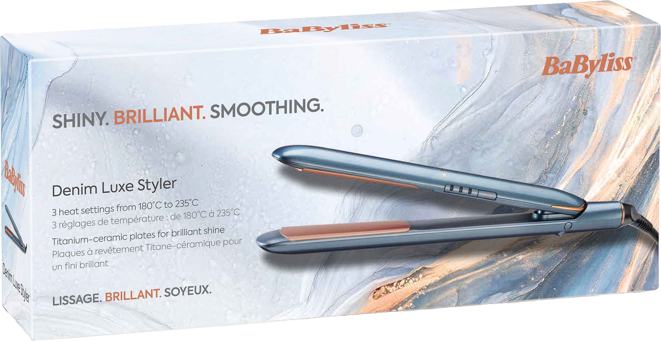 BaByliss Glätteisen »BaByliss Denim Luxe Glätteisen mit Titan-Keramikplatten, ST251PE« 3 Temperaturstufen bis 235 °C, schnelles Aufheizen, 25 mm Platten