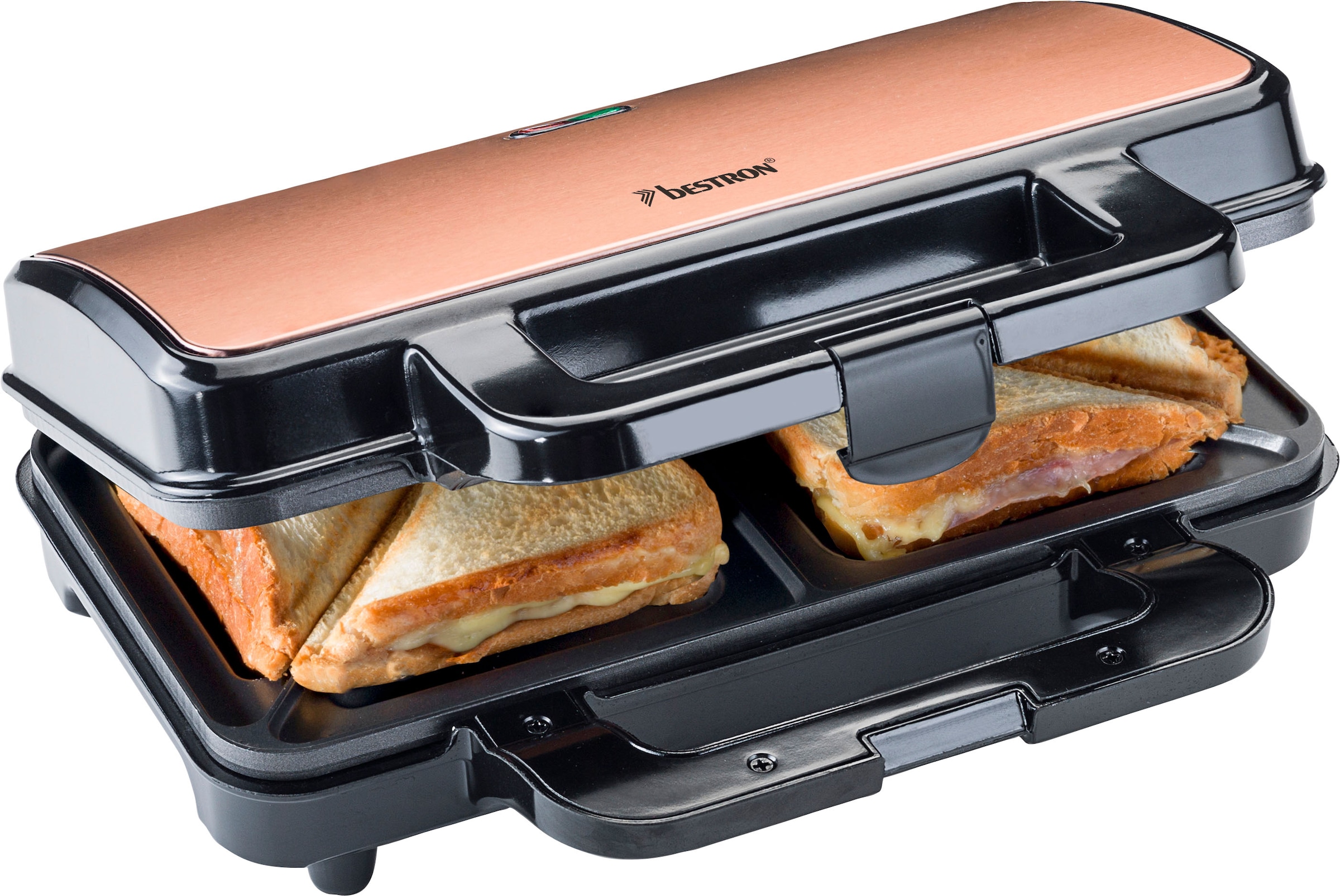 bestron Sandwichmaker »ASM90XLCO XL Sandwich-Toaster«, 900 W, antihaftbeschichtet, für 2 Sandwiches, Schwarz/Kupfer