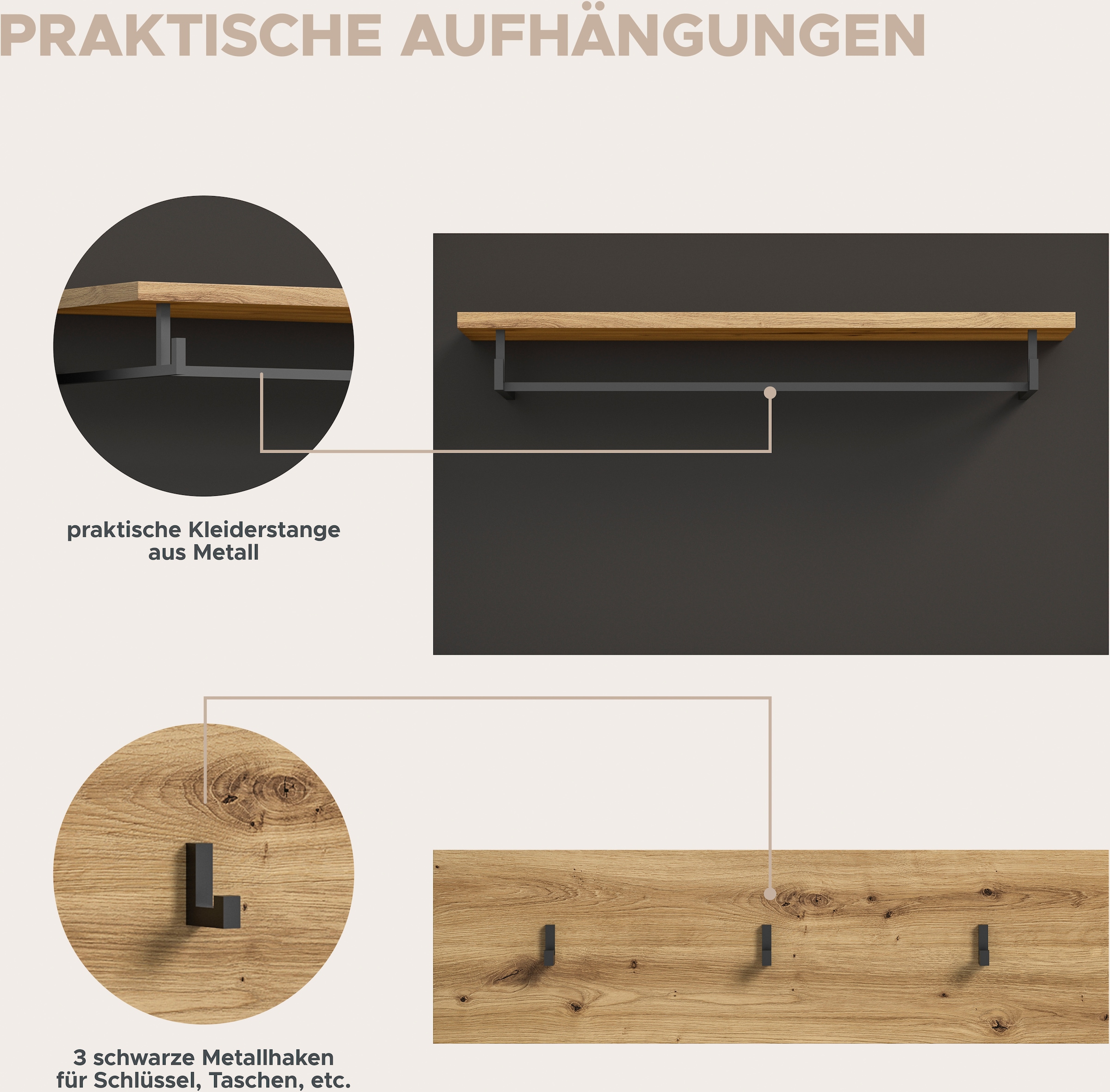 Home affaire Garderoben-Set »REHAT, TOPSELLER!, 4-teilig, Breite 160cm, individuell stellbar« bestehend aus: Garderobenschrank, Sitzbank, Paneel, Hakenleiste, 3 Stk. tlg.