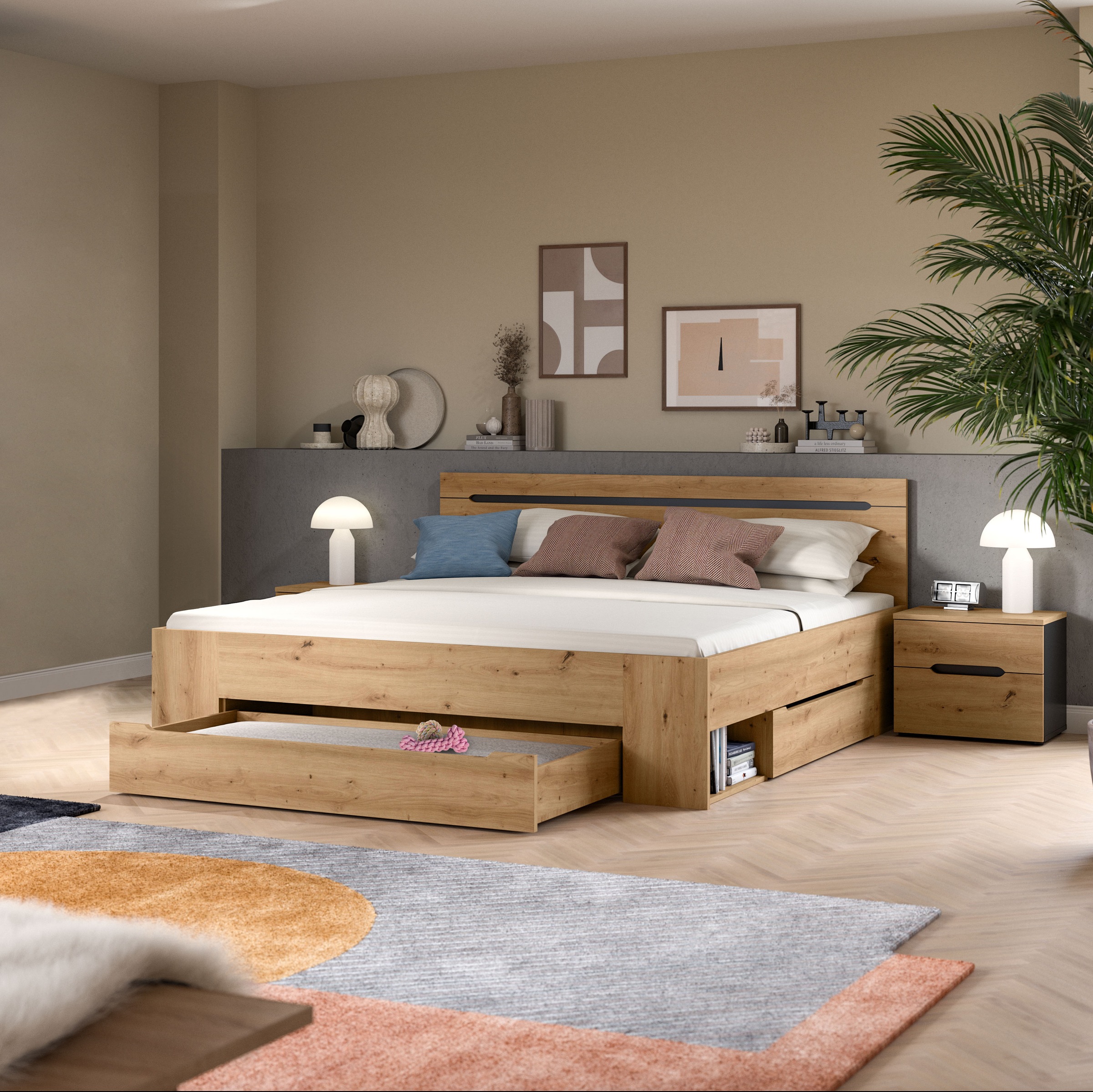 Home affaire Schlafzimmer-Set »REHAT, 3-teilig, bestehend aus: Stauraumbett & 2x Nachtkommode« TOPSELLER!, für Matratzengröße 140x200 cm, viel Stauraum, 3 Stk. tlg. Rehat, Schlafzimmerset, Bett 180x200 cm, Nachttische