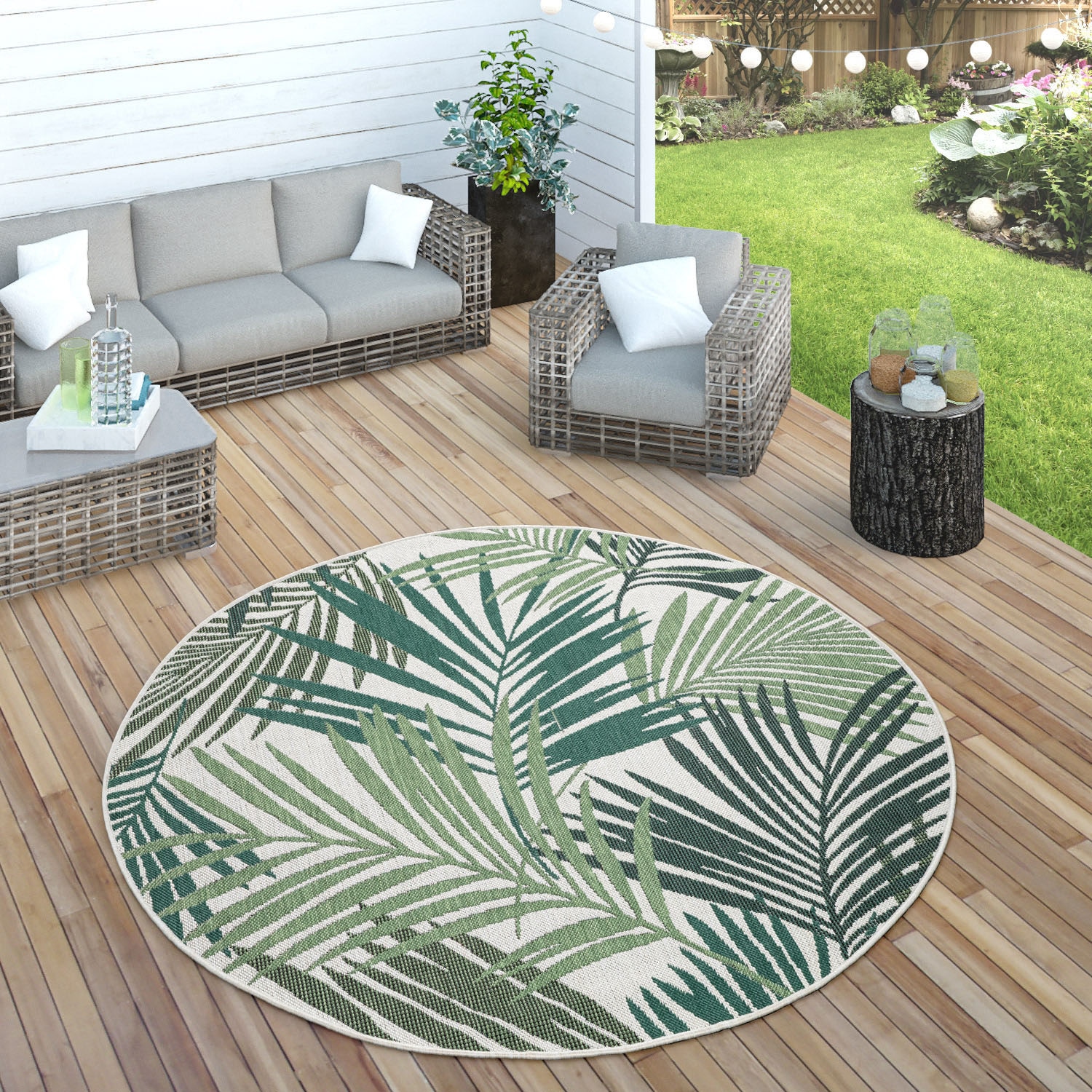Paco Home Teppich »Ostende 534«, rund, 4 mm Höhe, Flachgewebe, Motiv Palmenblätter, In- und Outdoor geeignet, Wohnzimmer