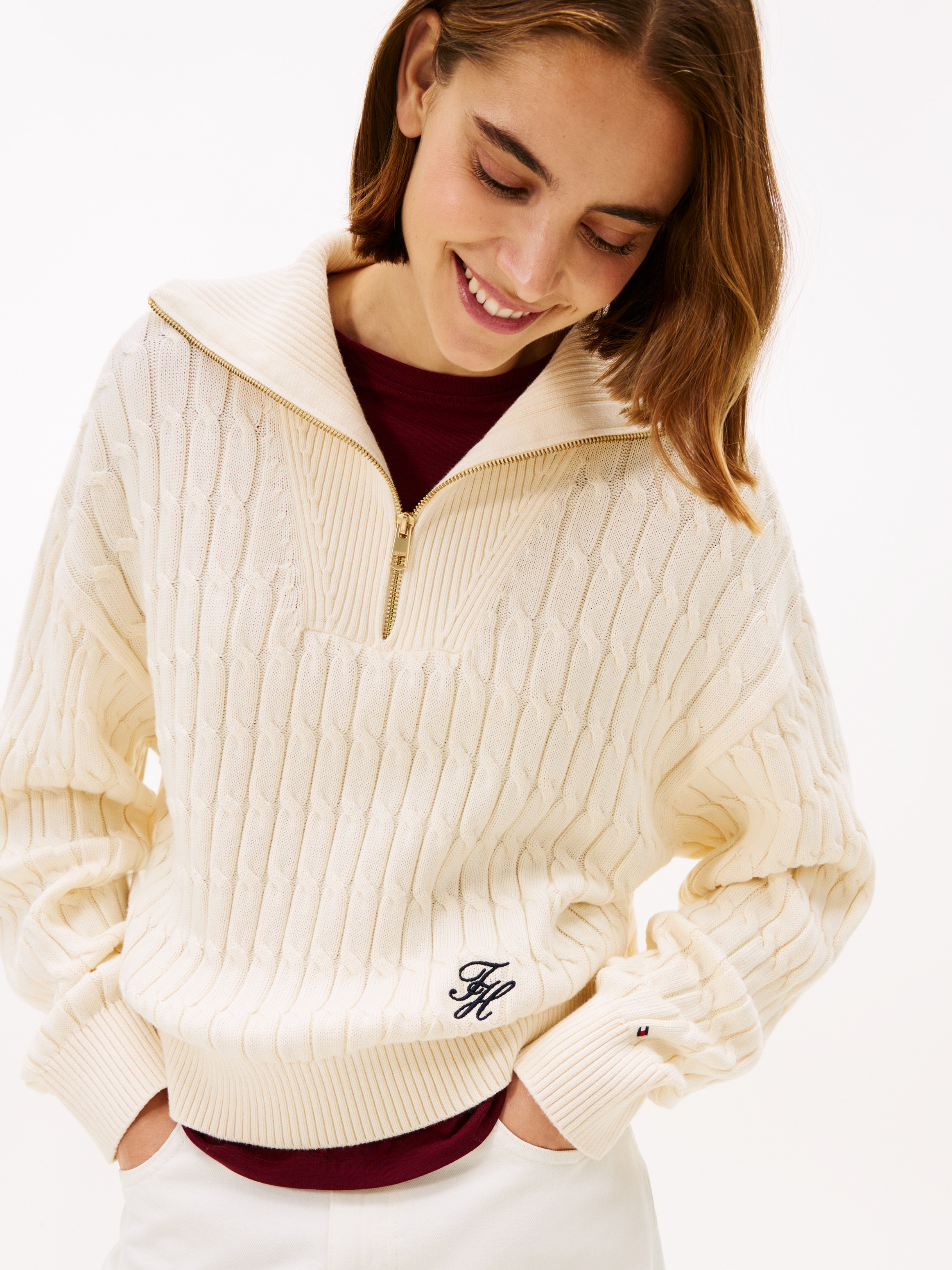 Tommy Hilfiger Troyer »CO CABLE MID GG 1/2 ZIP LS SWT« mit Zopfmuster
