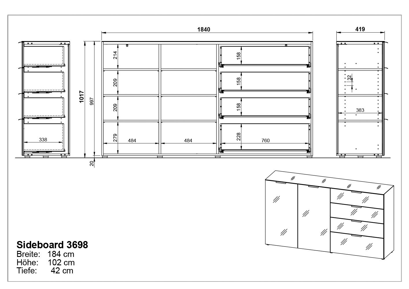 GERMANIA Sideboard »Oakland«, in 2 Breiten, Fronten und Oberboden mit Glasauflage