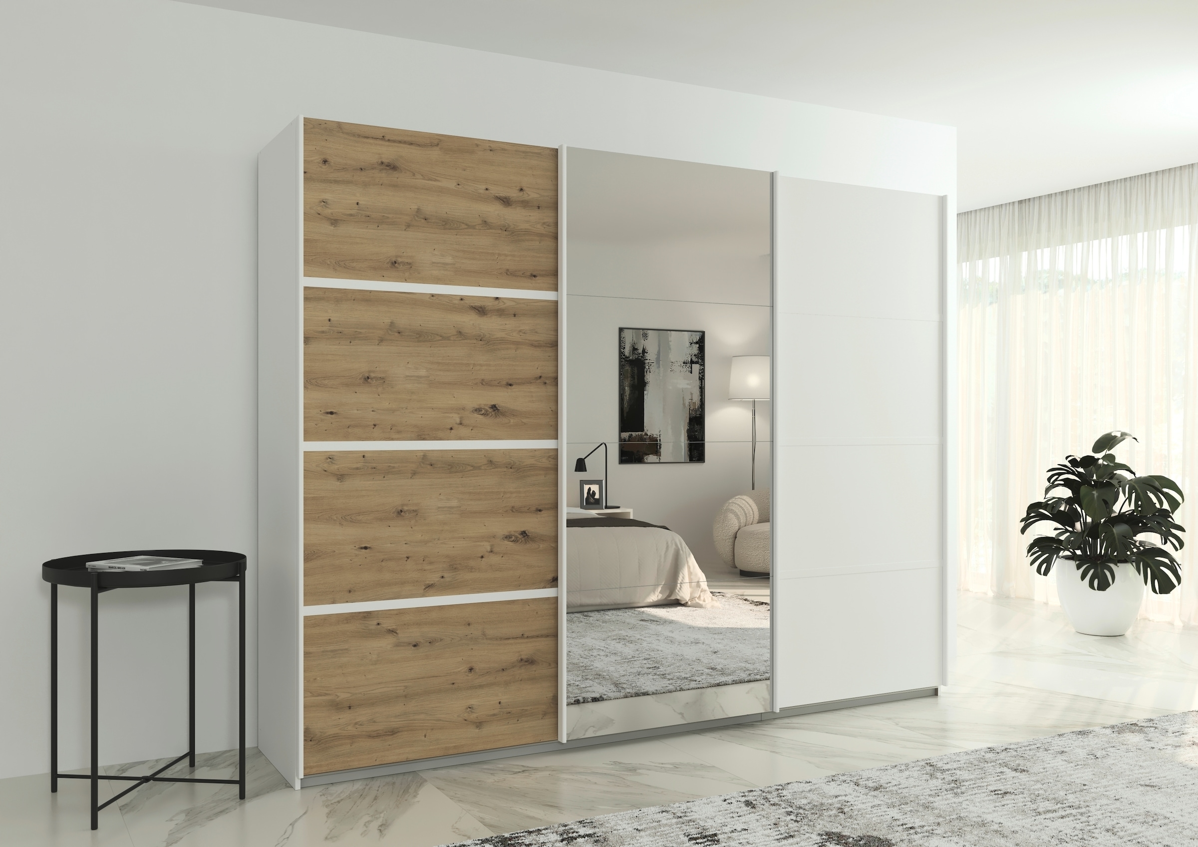 rauch Kleiderschrank »Schwebetürenschrank Garderobe Schrank TOP ANGEBOT Avola«, (in 3 verschiedenen Ausstattungen BASIC/CLASSIC/PREMIUM inkl. Spiegel), mit eleganten Zierleisten in Chrom, Schwarz oder Weiß MADE IN GERMANY