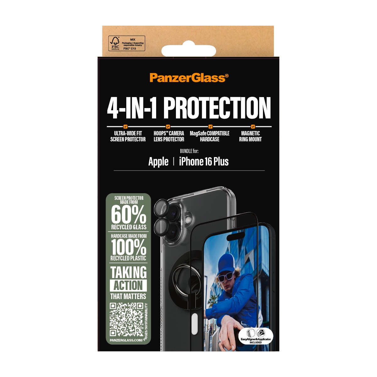 PanzerGlass Displayschutzglas »4-in-1 Protection, Glass, Hoops, Case, Ring Mount«, für Apple iPhone 16 Plus, Displayschutzfolie, Schutzfolie, Bildschirmschutz, kratz- & stoßfest