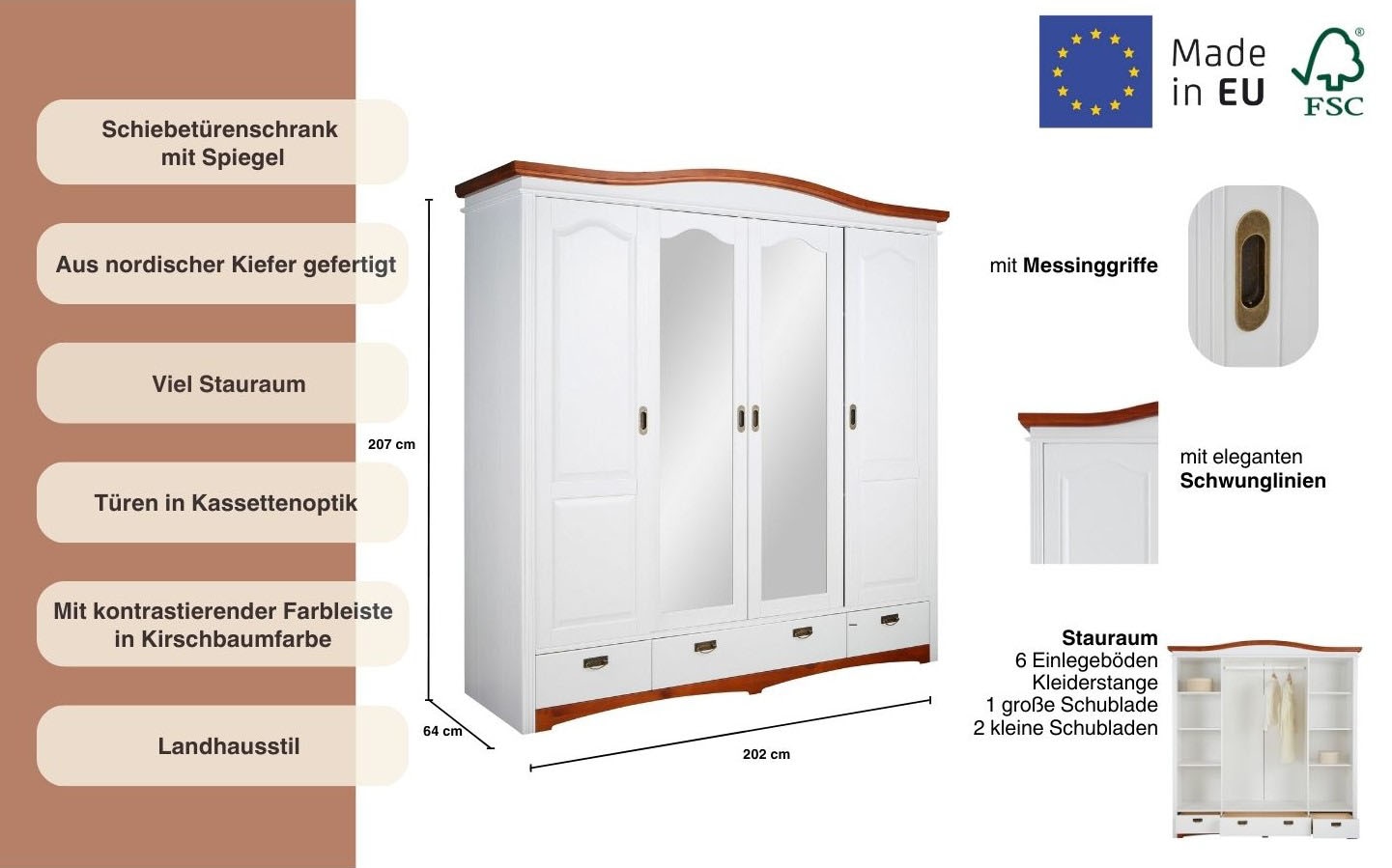 Home affaire Schiebetürenschrank »Konrad, Landhausstil, rustikal, mit Schubladen + Spiegel, Kassetten«, (3 Breiten: 153/202/249 cm H/T ca.207/64 cm), massive Kiefer, FSC®-zertifiziert, Messinggriffe, mehrere Varianten