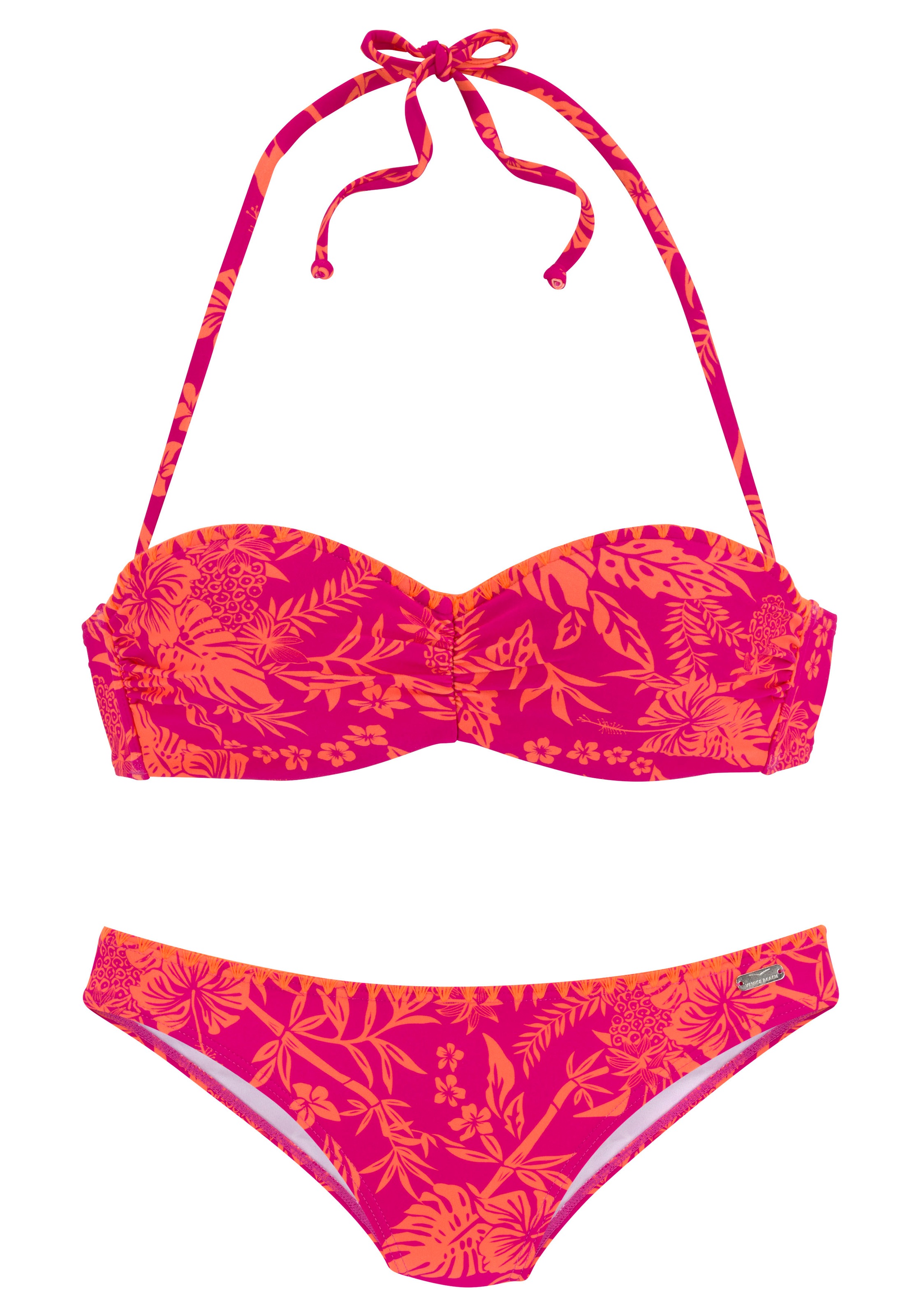 Venice Beach, Damen, Bügel-Bandeau-Bikini »Kensi« mit kontrasfarbener Häkelkante, orange-pink bedruckt, Cup B, 42 - Cup B, orange-pink bedruckt, 