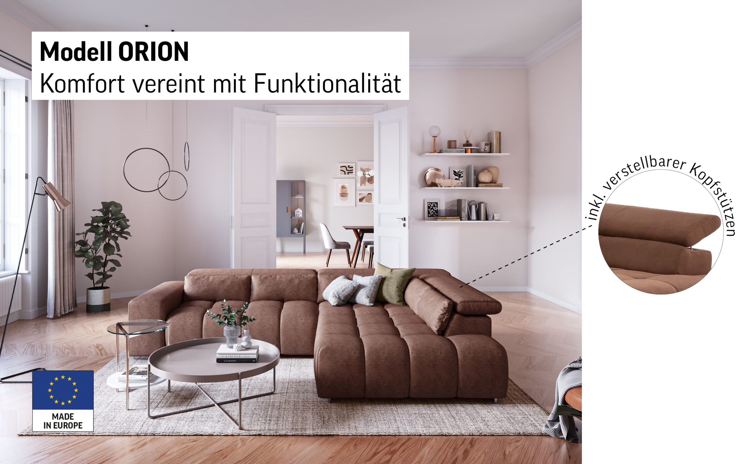 COTTA Ecksofa »Orion L-Form«, mit Ottomane, inklusive verstellbarer Kopfstützen und 5 Nierenkissen