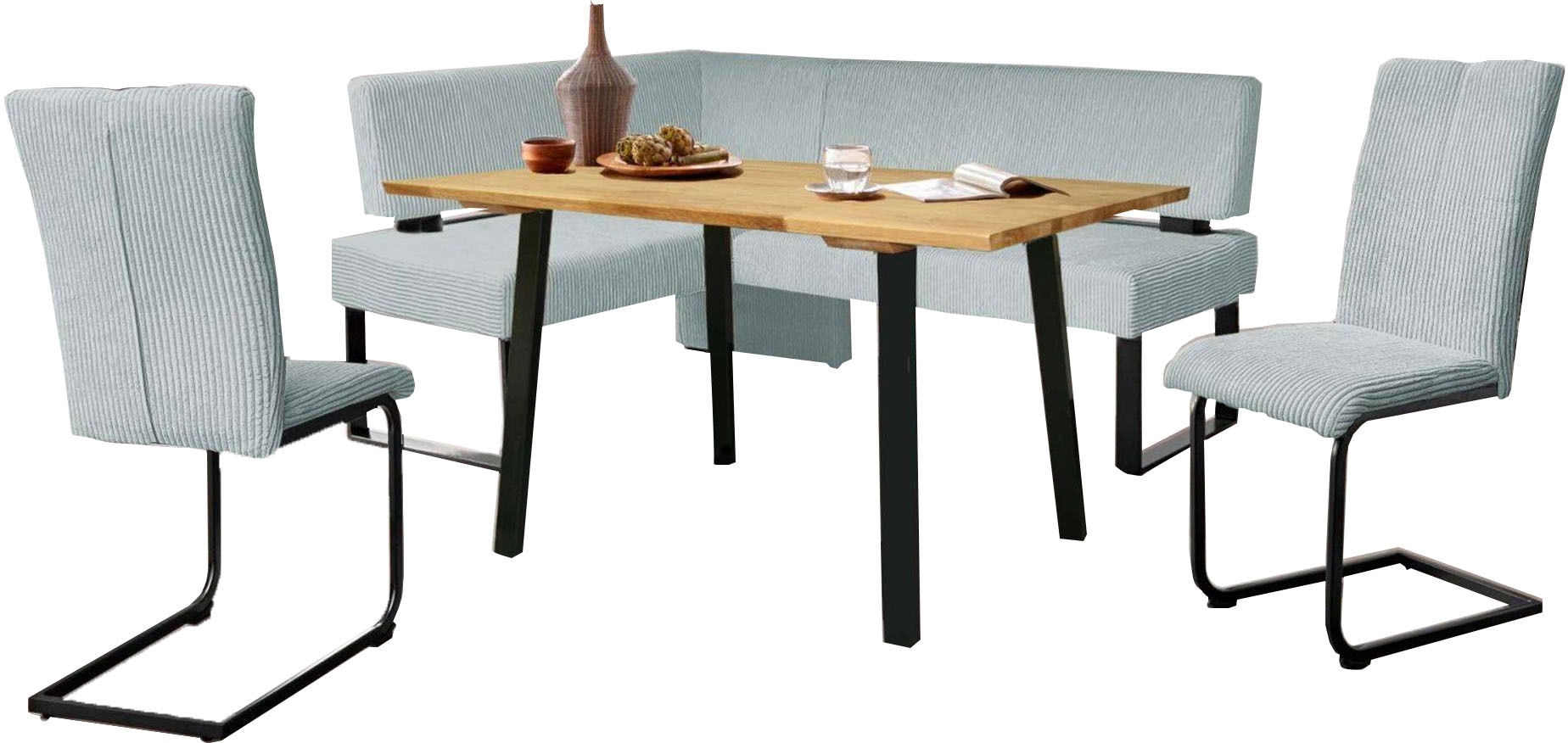 OTTO home, Eckbankgruppe »Oliver« Set, 4-tlg, 4 Stk. tlg. Eckbank mit Wellenunterfederung im Sitz, Tisch Massiv Eiche, Mayfly + schwarz, FSC -