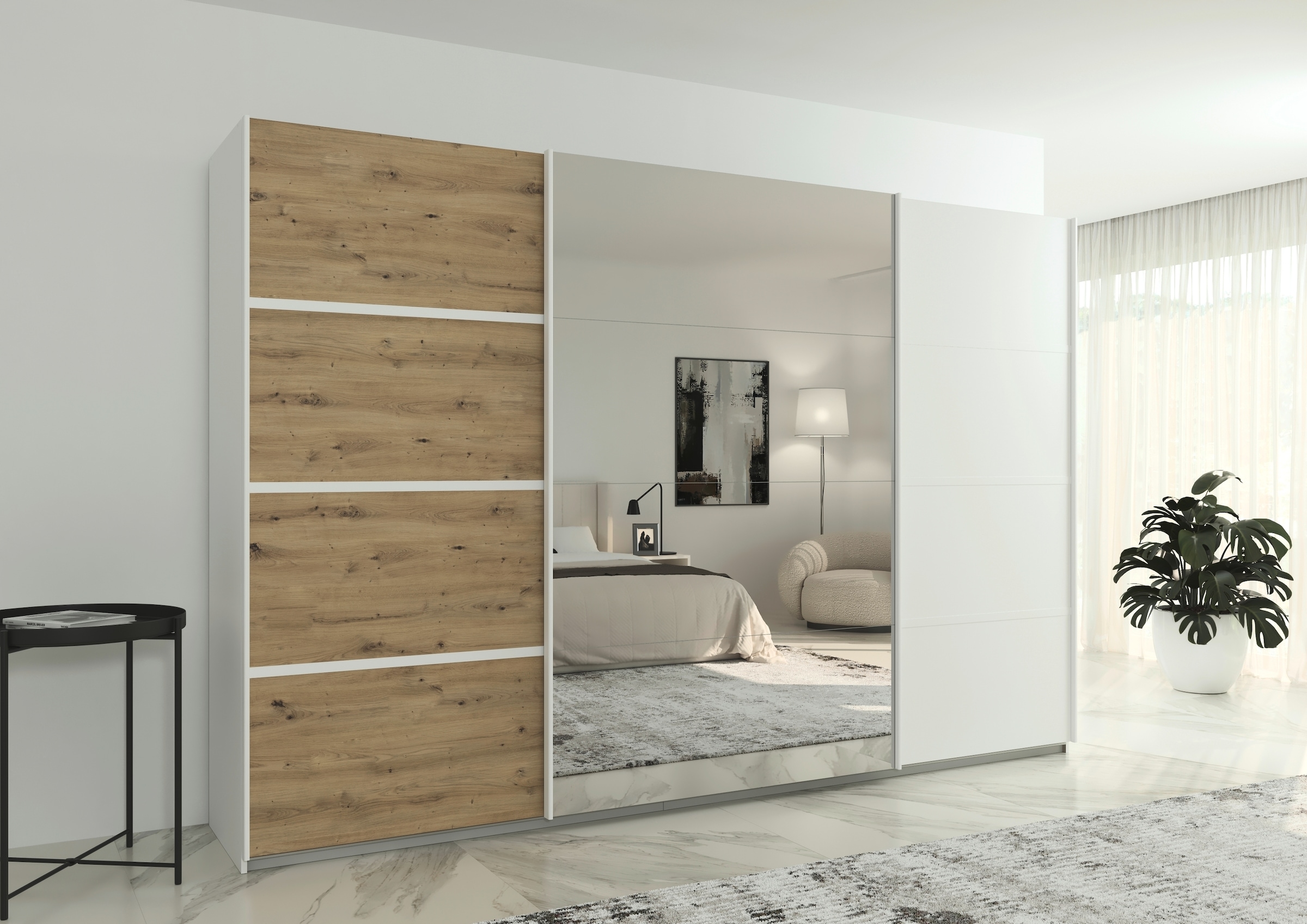 rauch Kleiderschrank »Schwebetürenschrank Garderobe Schrank TOP ANGEBOT Avola«, (in 3 verschiedenen Ausstattungen BASIC/CLASSIC/PREMIUM inkl. Spiegel), mit eleganten Zierleisten in Chrom, Schwarz oder Weiß MADE IN GERMANY
