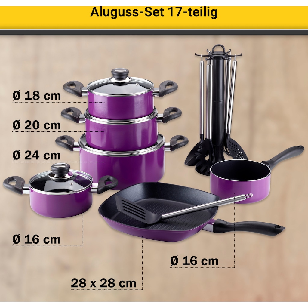 Krüger Topf-Set, Aluminiumguss, (Set, 17 tlg., Fleischtopf 16/18/20/24 cm, Stieltopf 16 cm, Steakpfanne)