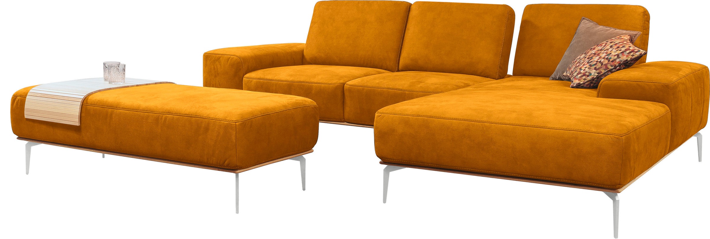W.SCHILLIG Ecksofa »run, Designsofa mit tollem Sitzkomfort,  L-Form« mit elegantem Holzsockel, Füße in Chrom glänzend, Breite 279 cm