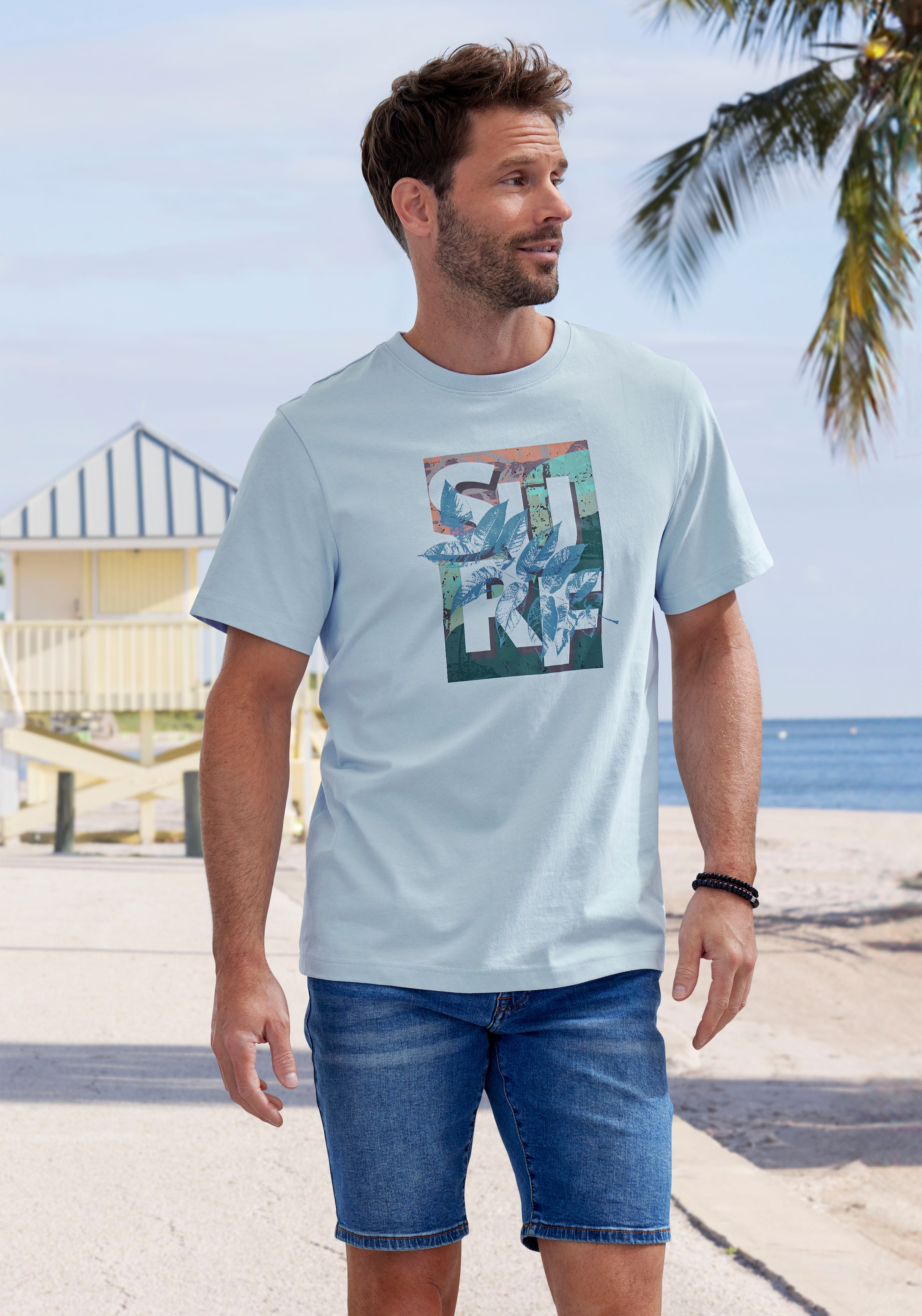 John Devin T-Shirt, Rundhalsshirt mit Surf -Aufdruck aus reiner Baumwolle