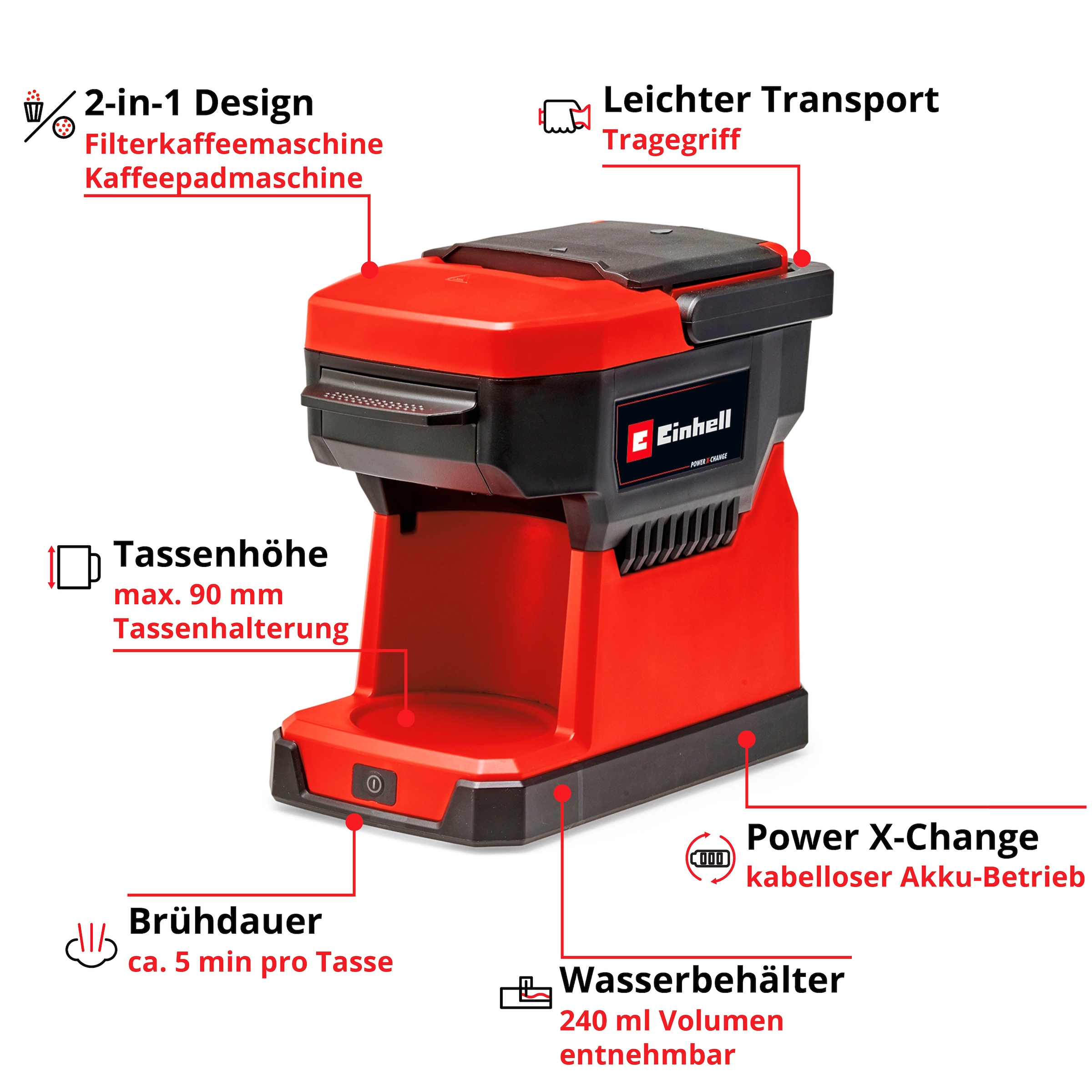 Einhell Kaffeepadmaschine »Power X-Change TE-CF 18 Li-Solo« 0,24 l Kaffeekanne Korbfilter