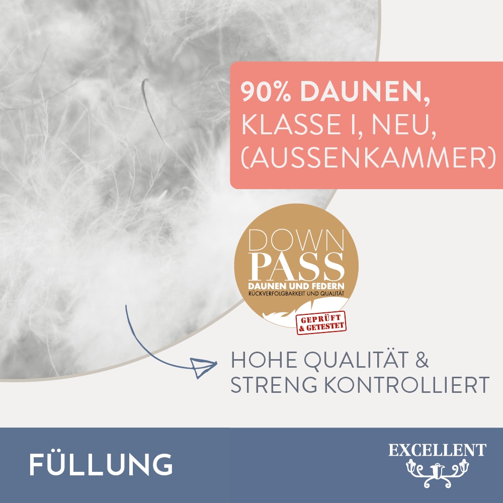 Excellent 3-Kammer-Kopfkissen »Venedig, Kissen hergestellt in Deutschland!, für Allergiker«, Füllung: 90% Daunen (Außenkammer), Bezug: 100% Baumwolle, (1 St.), Kopfkissen in 40x80 und 80x80, Hohenstein Institute ausgezeichnet