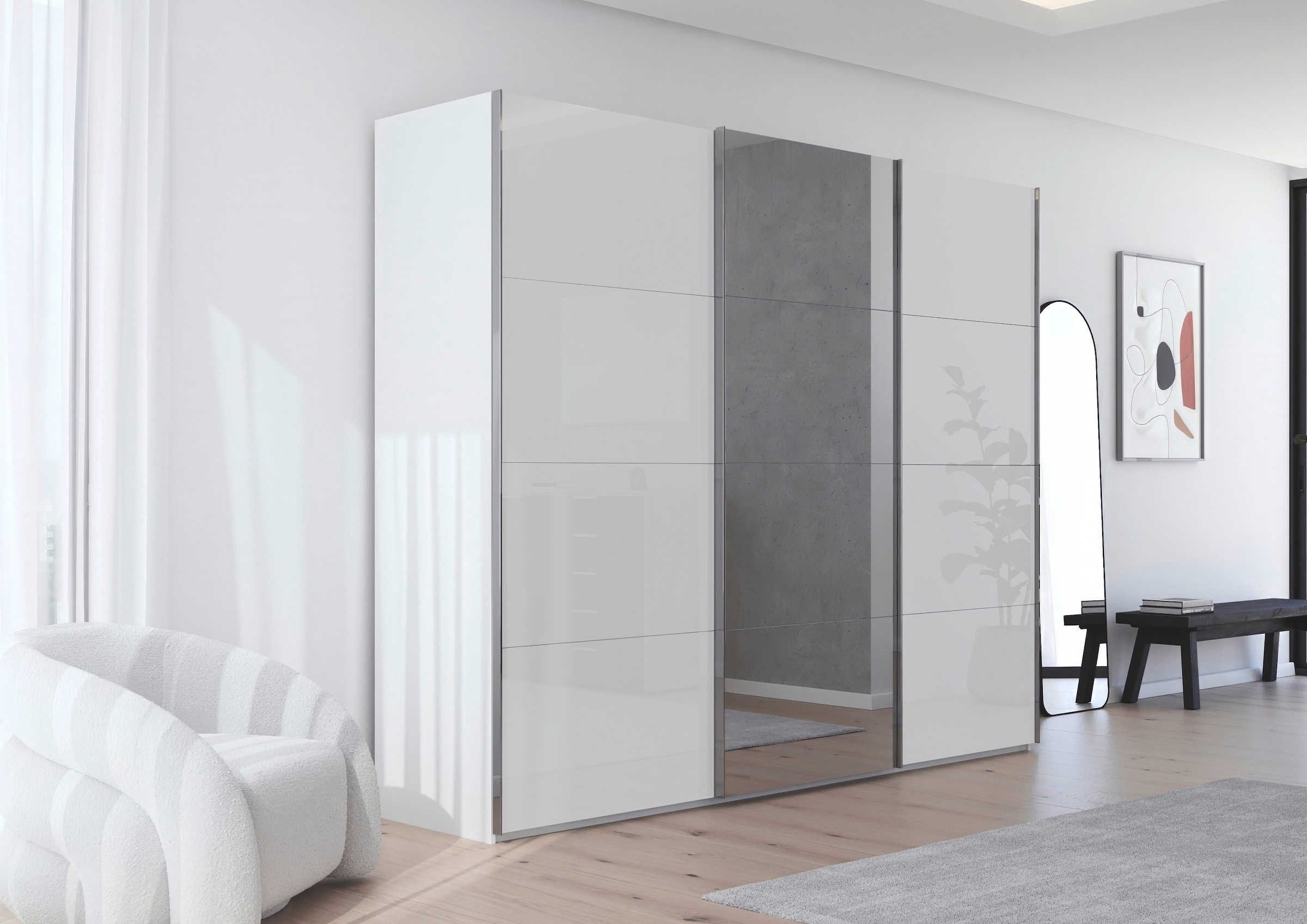 rauch Schwebetürenschrank »Kleiderschrank Schrank Garderobe Schlafzimmerschrank SCALE-FYRA«, edle viergeteilte Türen Spiegel/Glas-Mix viele Farben MADE IN GERMANY